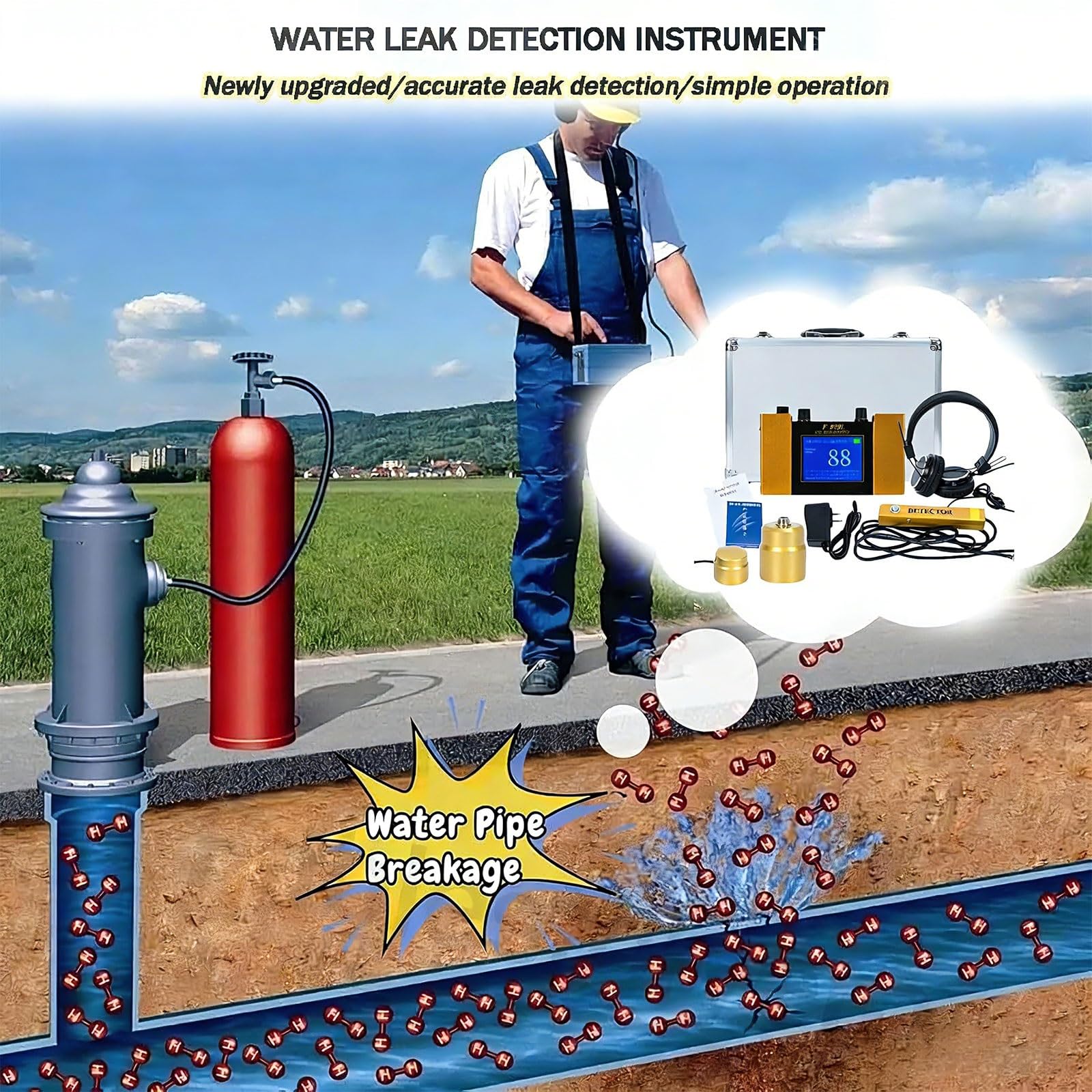Rilevatore di perdite d'acqua con auricolare e frequenza regolabile per ispezione di tubi e impianti di riscaldamento