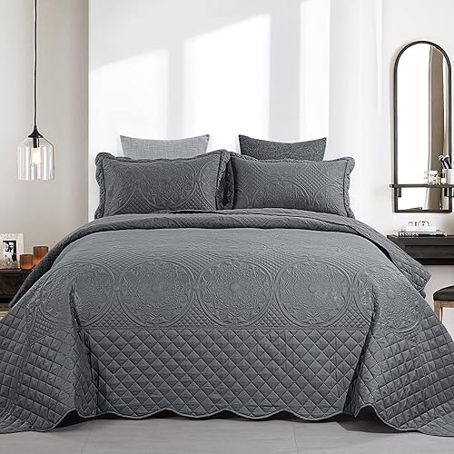 HOMBYS Juego de ropa de cama tamaño King de gran tamaño gris oscuro de 120 x 128 pulgadas, colcha reversible ultrasónica para uso en todas las disponible en Yaxa Colombia