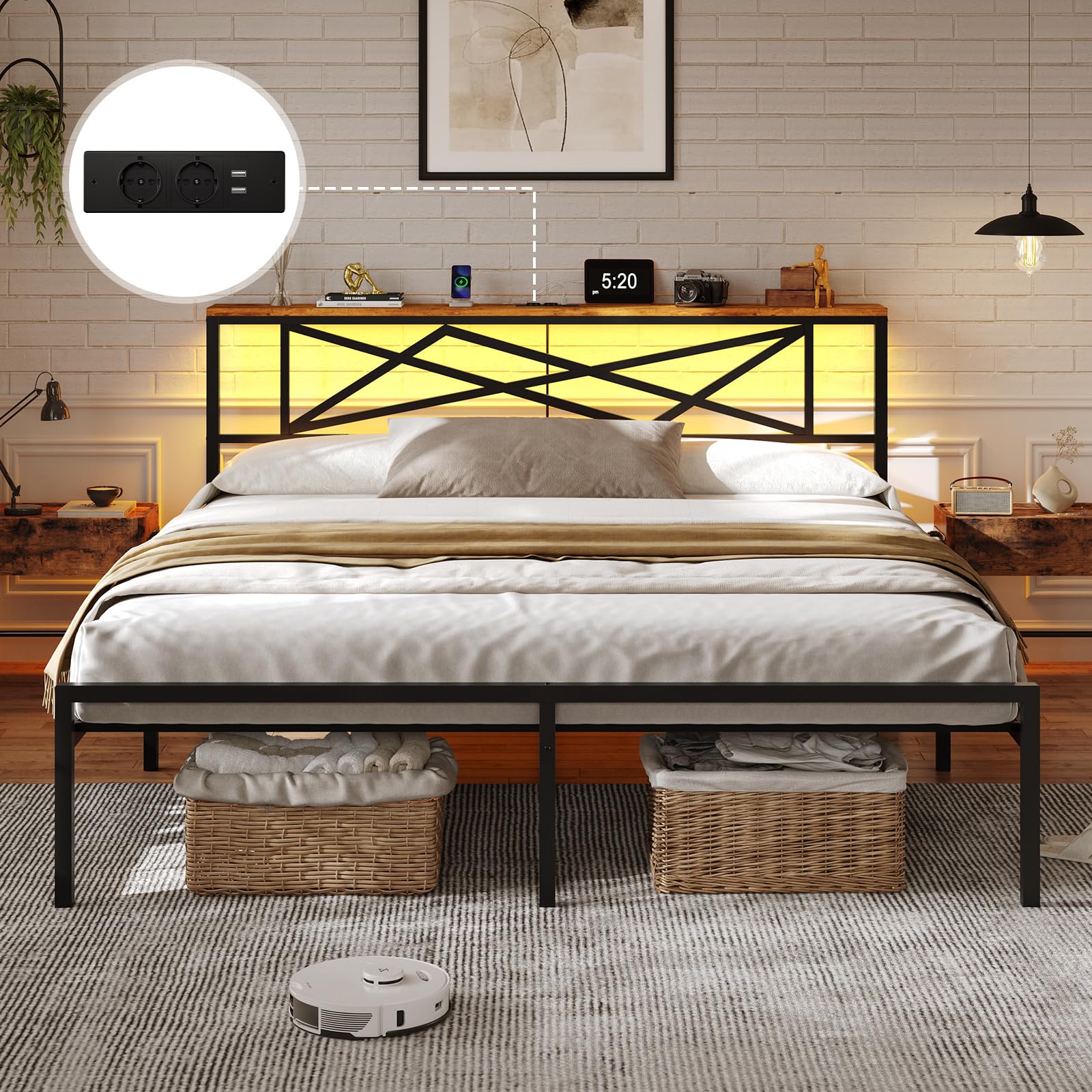 DICTAC Cama de 120 x 200 cm con iluminación LED, estructura de cama de 120 x 200 cm con enchufe y función de carga USB, cama de metal con cabecero de madera, espacio de almacenamiento, marco de cama