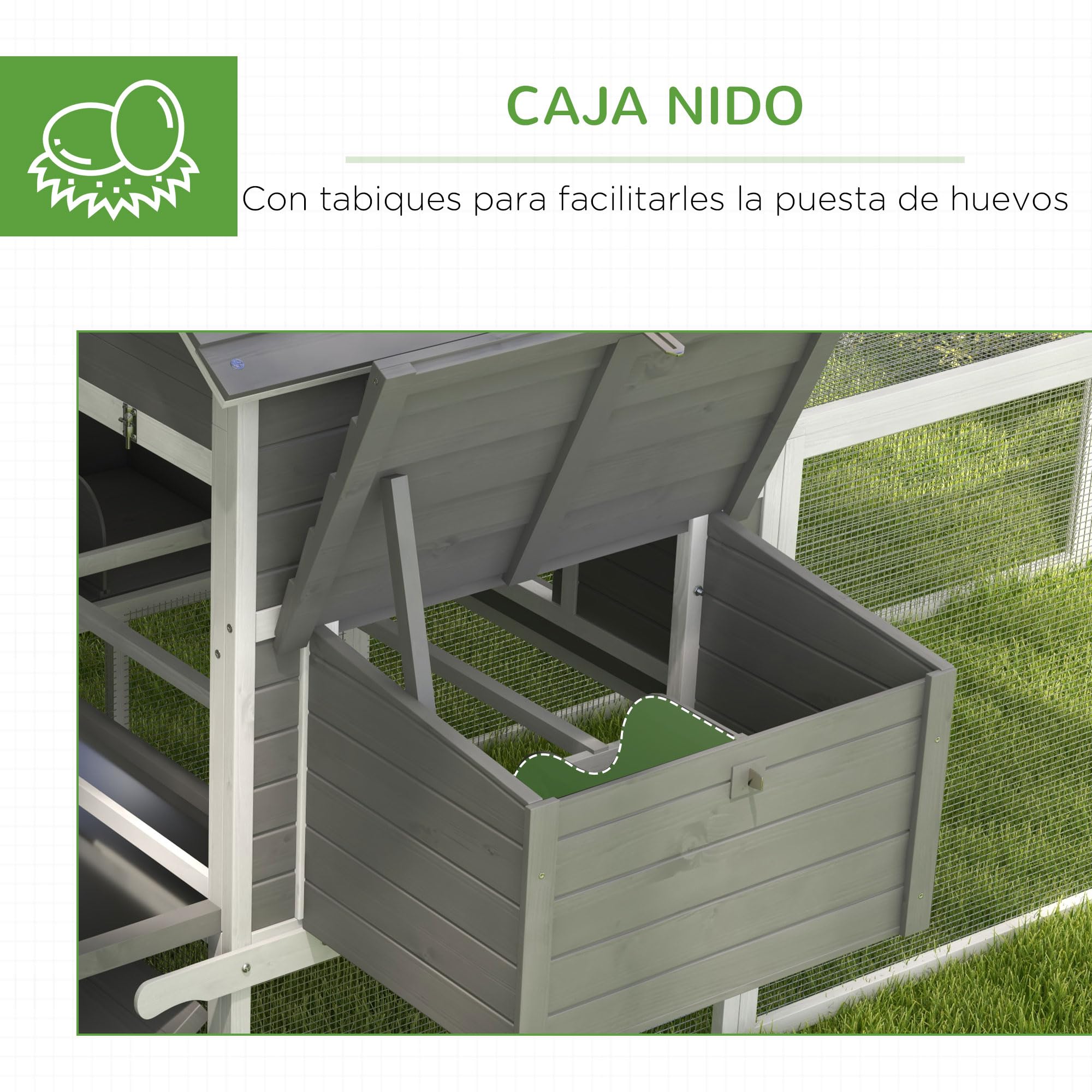PawHut Gallinero Grande de Madera 4-6 Gallinas 310,5x149,5x149 cm Gris | Gallinero para Exterior, 2 Ventanas, Puertas, 2 Nidos, Bandeja Extraíble, Rampa, Fácil de Limpiar