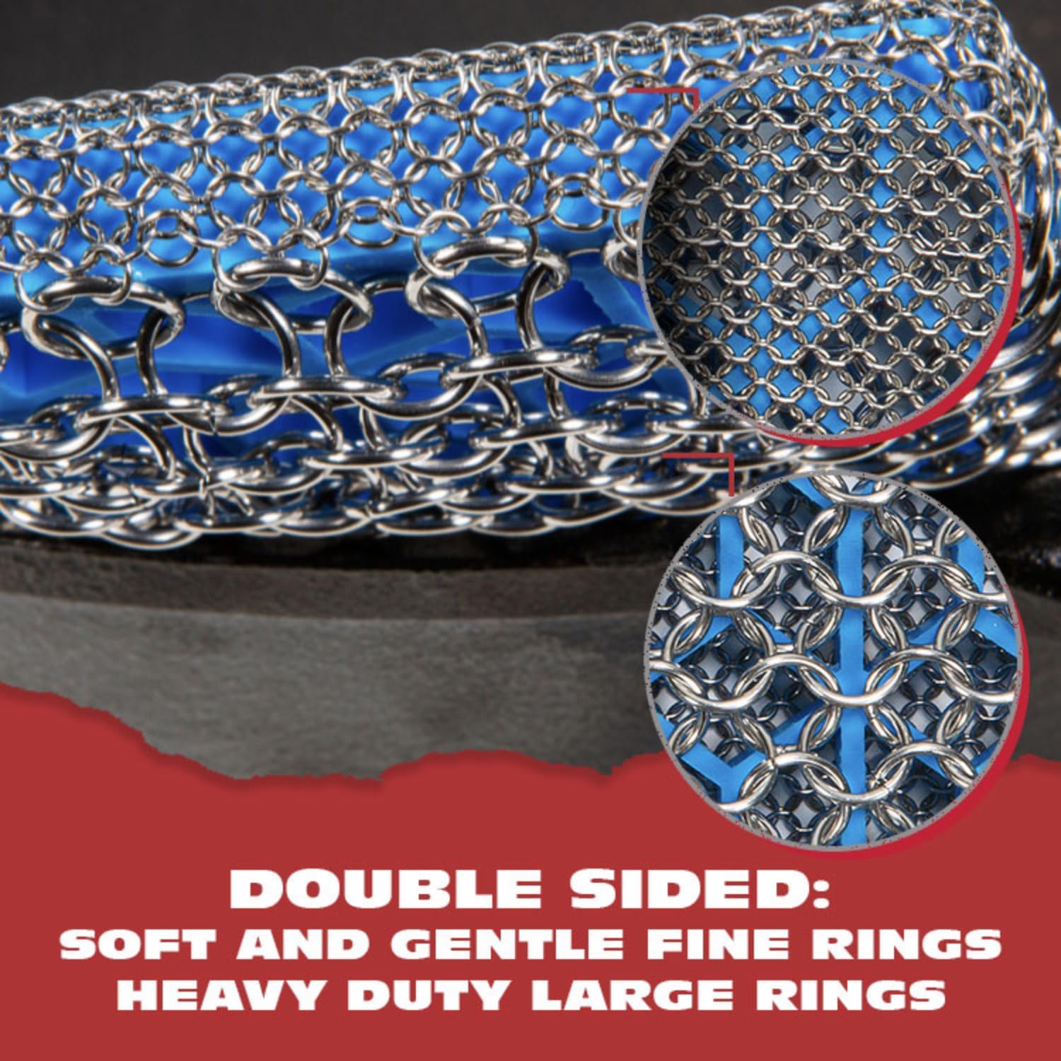 Knapp Made Premium Cast Iron Cleaner, 2-in-1 Combo Chainmail Scrubber with Silicone Core, Heavy Duty & Fine Mesh Rings for Cookware, Skillets and Pots, Premium Cast Iron Cleaner – Ice Blue