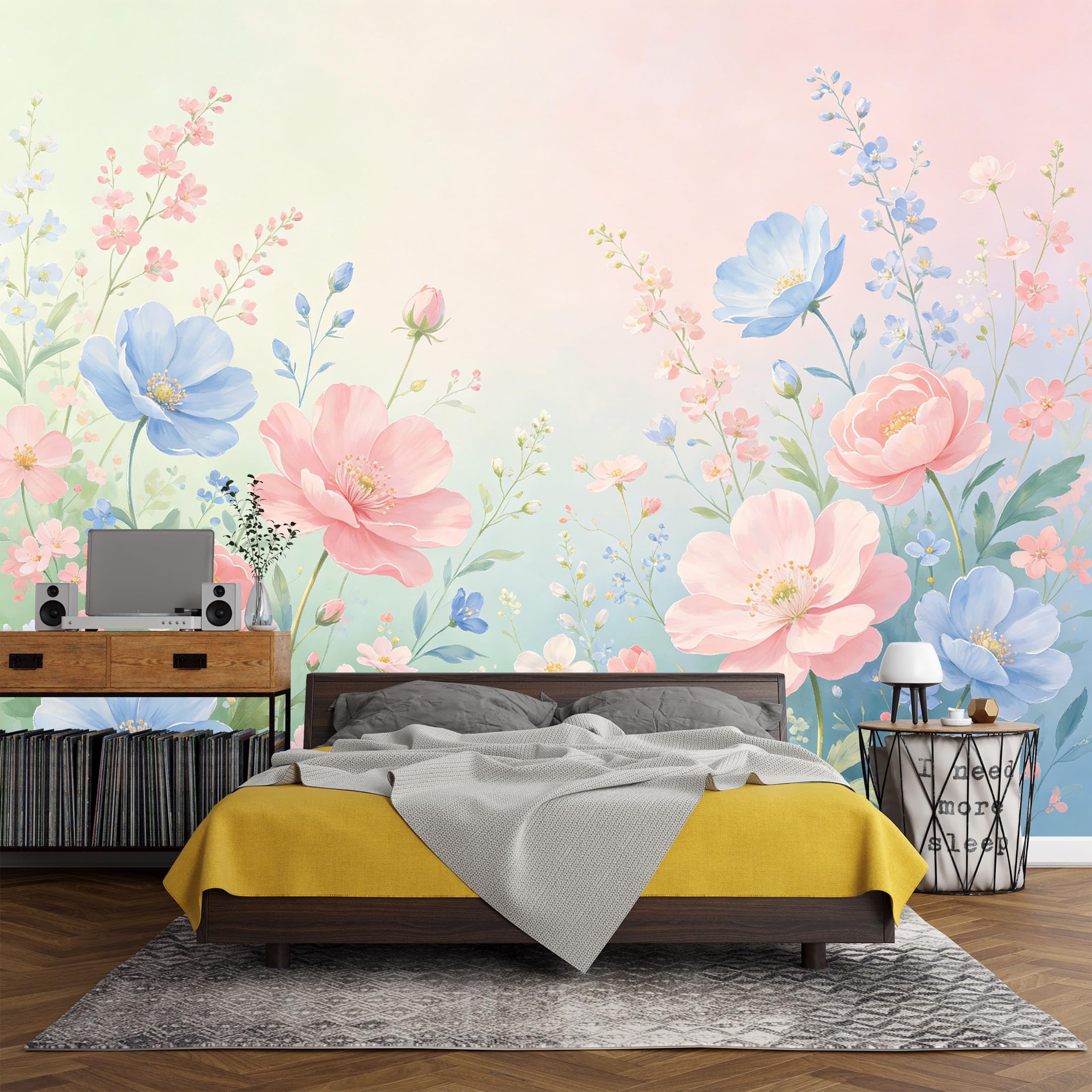 Custom Size Wall Mural， Botanical Pastel Peony Blue Wildflower Garden Watercolor，SelfAdhesive Art Prints wall Fabric (No PVC) Removable Wallpaper Living Room Decor