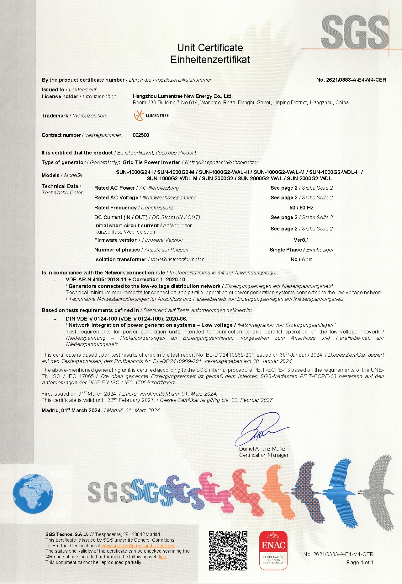 B2C mit 0% USt - Modell 2024 - SUN-2000G2-H Netz-Wechselrichter/Grid-Tie Inverter (für 48V Batteriesystem mit M7 Schraubanschluss )