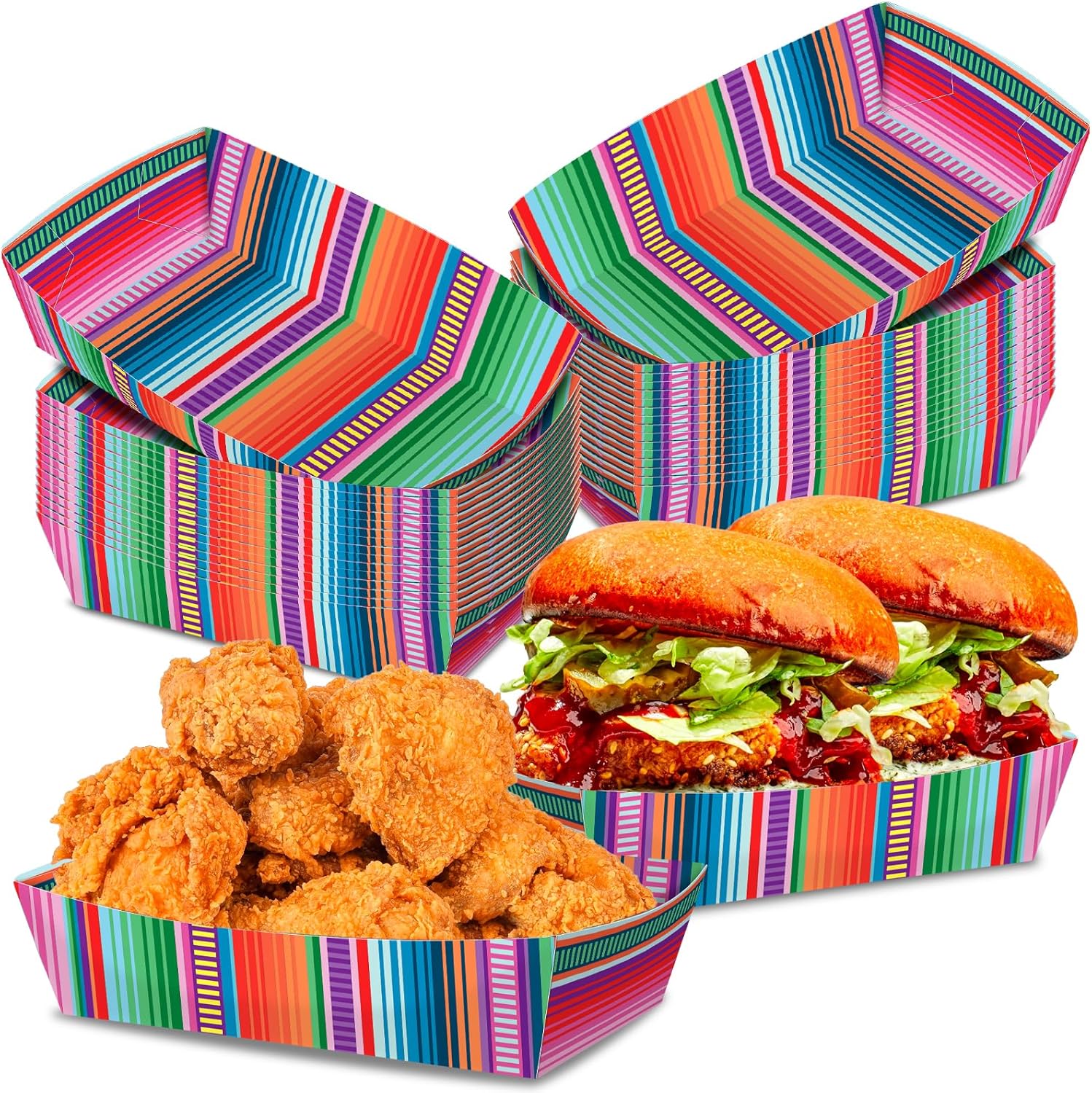 No Folding Required 100 Pack 2 Lb Mexican Plates Nacho Trays Disposable Food Trays Fiesta Party Decorations Paper Snack Taco Boats for Candy Hot Dog Cinco De Mayo Birthday Mexican Party Supplies