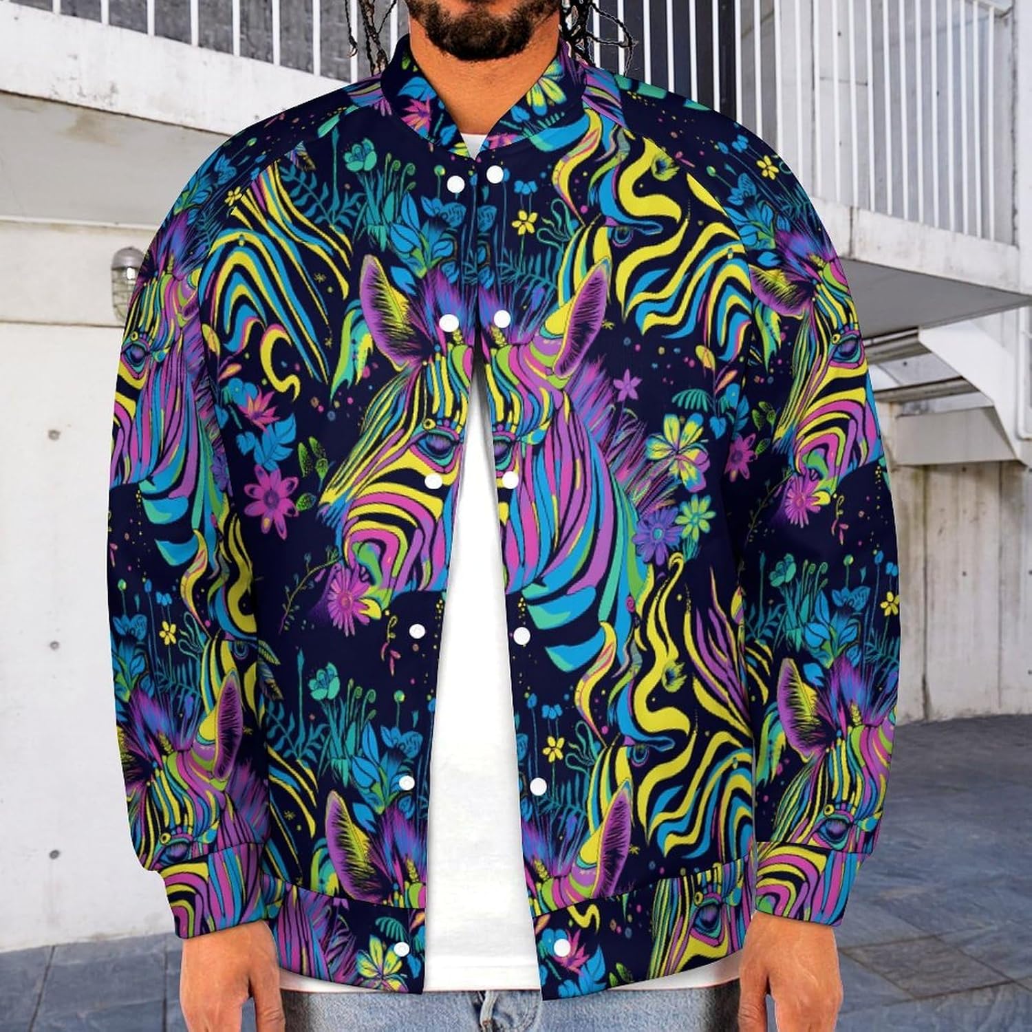 Psychedelic Zebra Novelty Men's Baseball Jackets Causal Sweatshirt Button Top Long Sleeve Coat