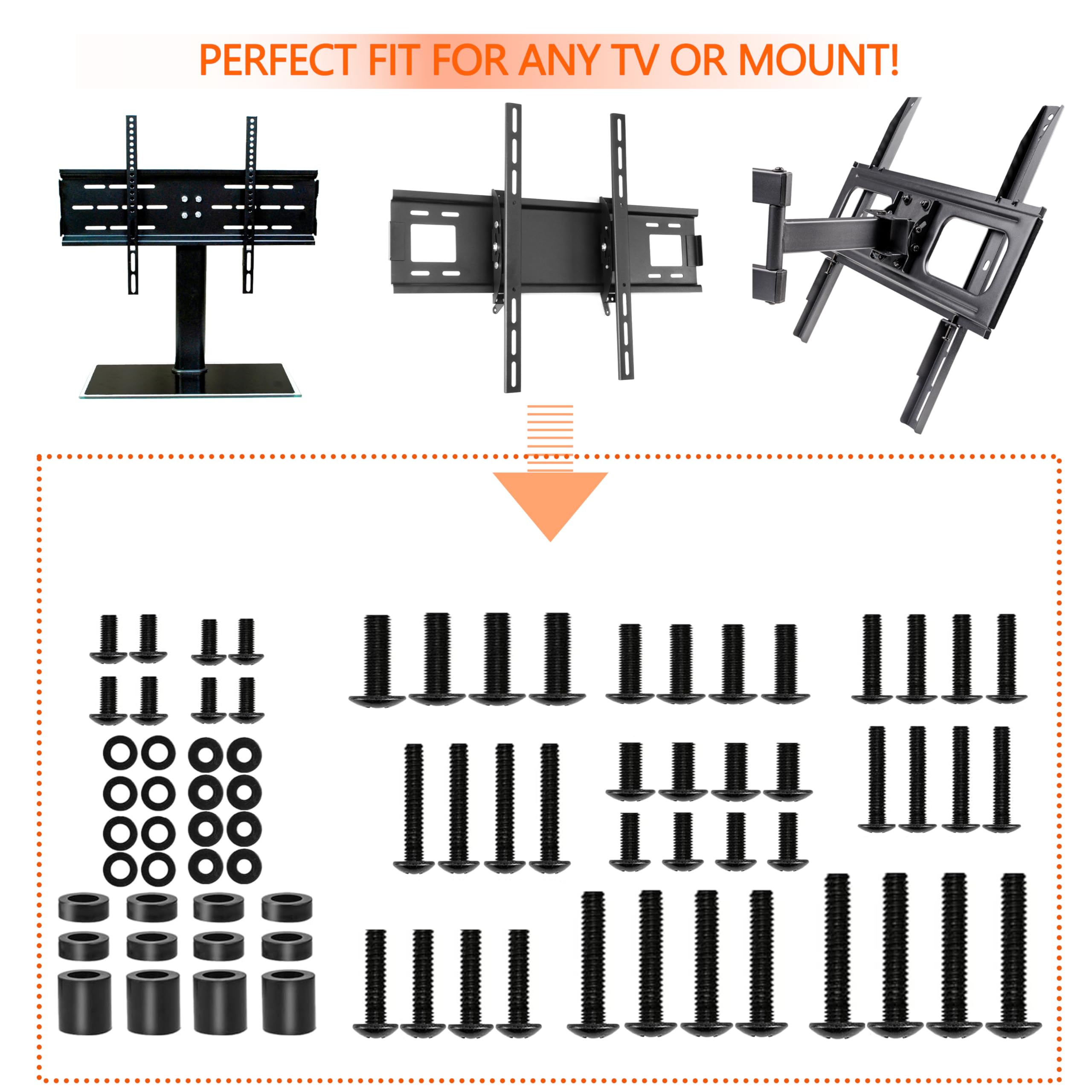 Kit Vis VESA/Montage TV (Noir/Fer) M4/M5/M6/M8+Rondelles/Entretoises.Compatible Supports Mural&TV-Standfüße,Vis de Remplacement Universel