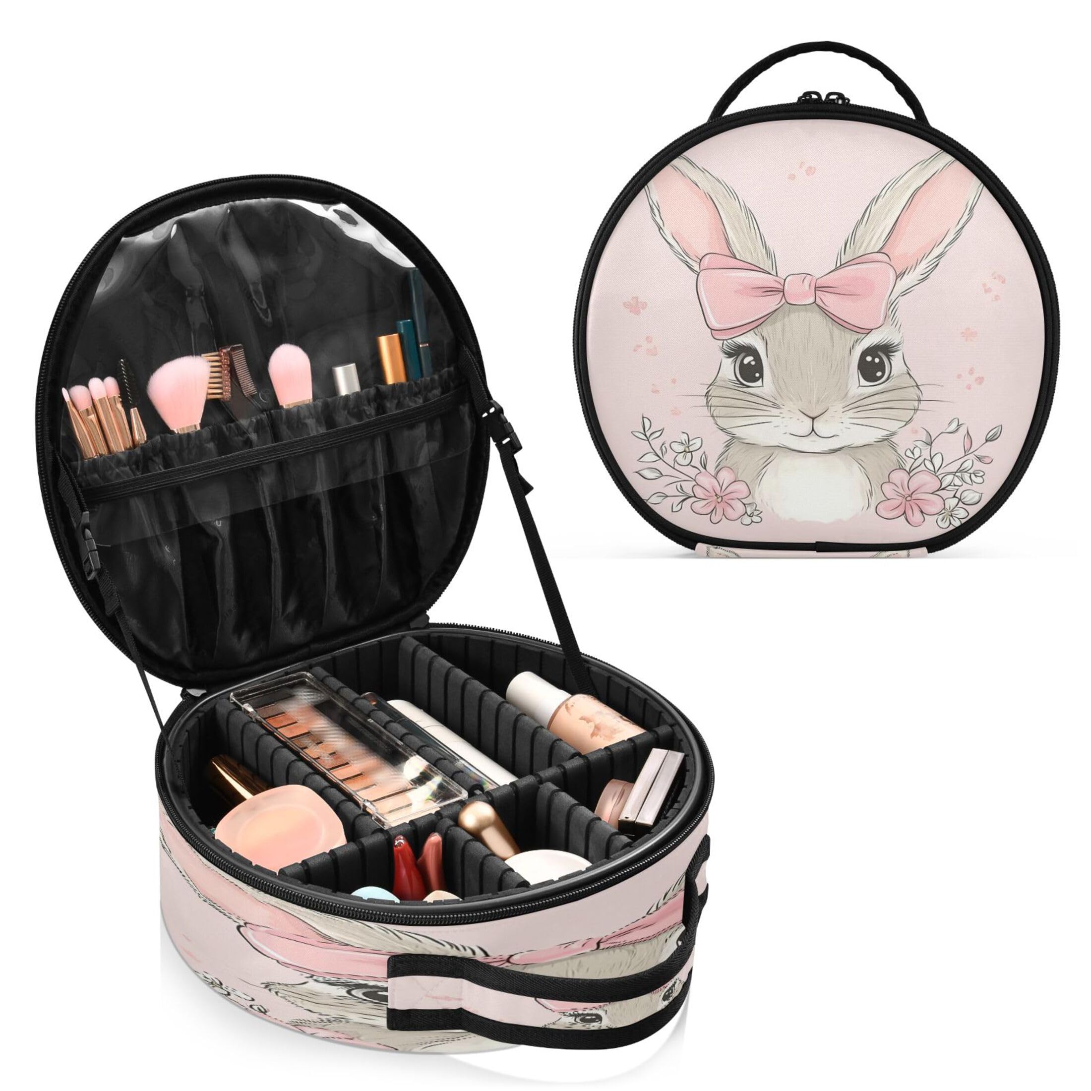 Takiito Bunny with Pink Bow Travel Makeup Case Portable Makeup Box Artist Cosmetic Case Organizer With Adjustable Dividers