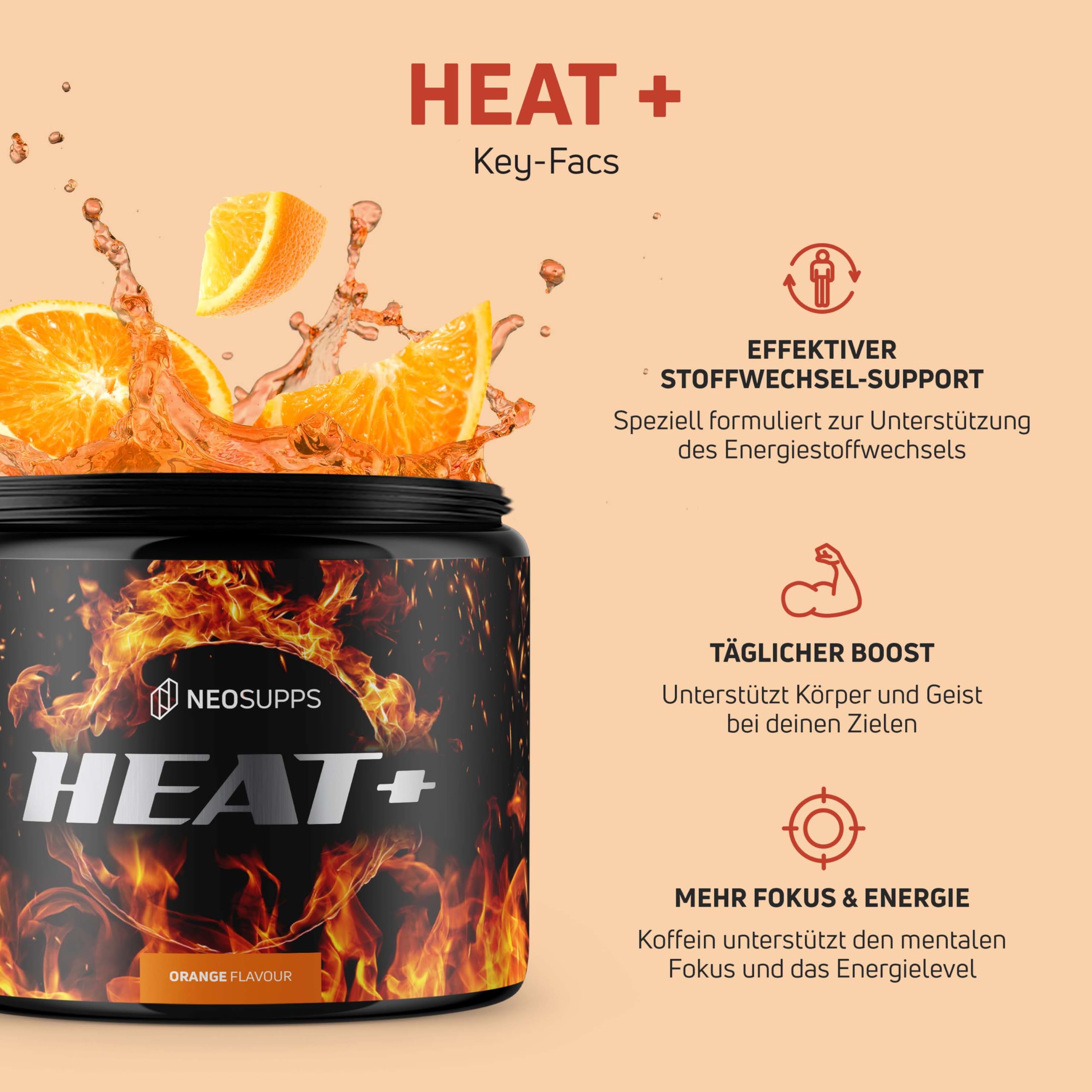 Neosupps Heat+ Diät-Support 240g, zur Anregung des Stoffwechsels & Fettverbrennung, L-Carnitin L-Tartrat Koffein, verbessert Konzentration & Fokus, Erhöht den Energieverbrauch, Vegan, 40 Portionen