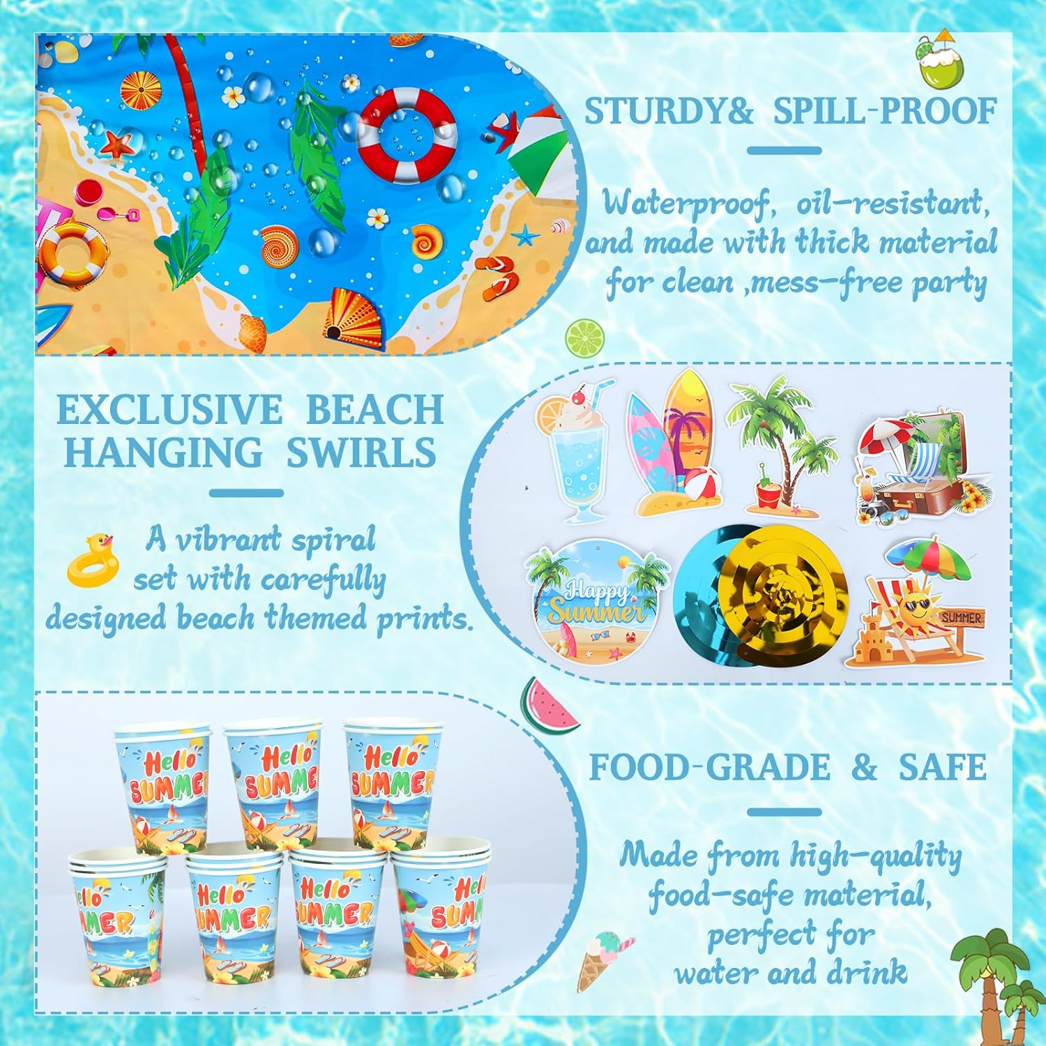 128PCS Beach Party Supplies, Beach Party Decorations Serves 24 with Summer Party Plates Napkins Banner Hanging Swirls Tablecloth Forks Cups for Hawaiian, Summer Party, Beach Birthday Party Decorations