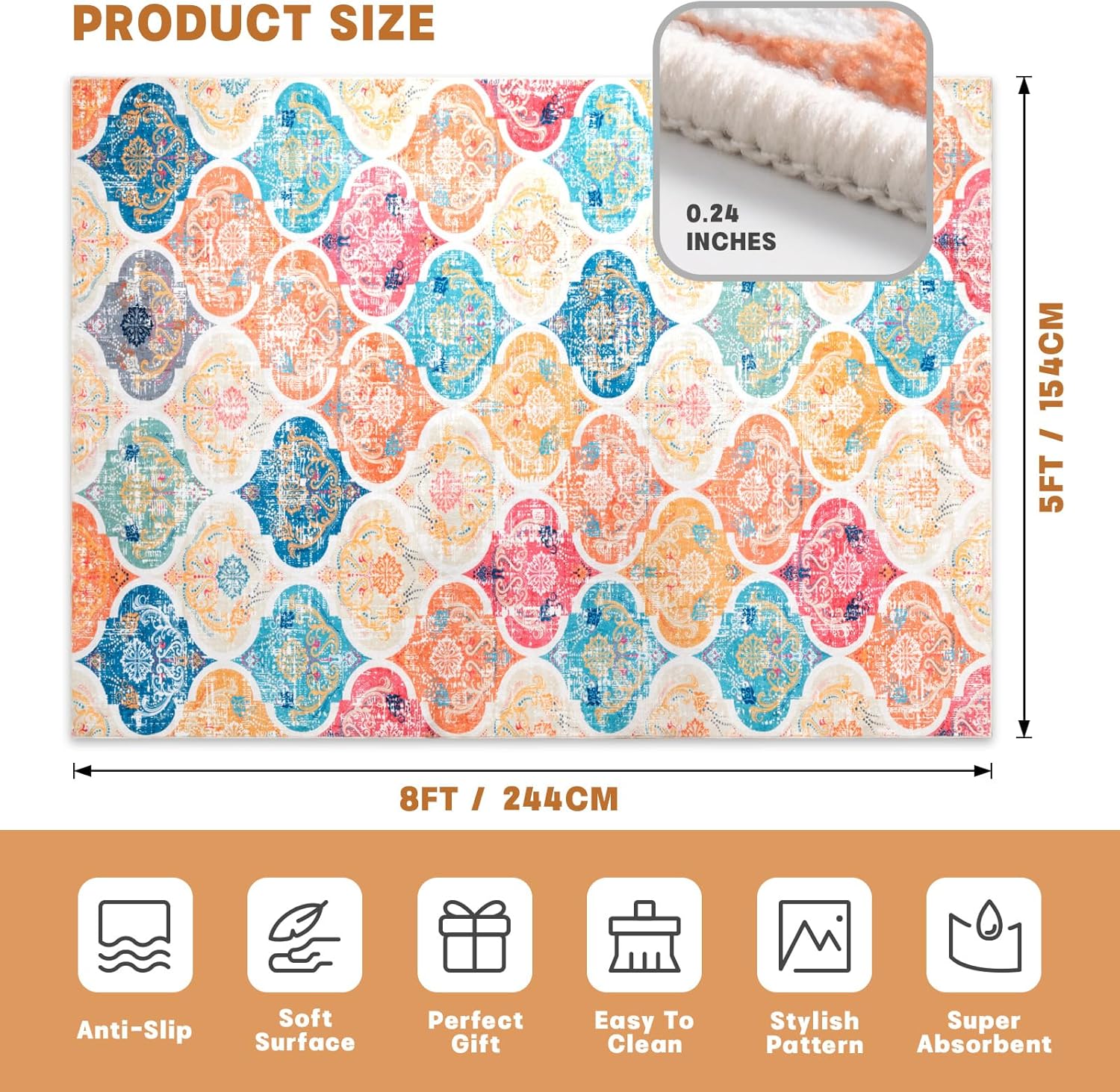 YIHOUSE Moroccan Area Rug -6 x 9 Washable Living Room Rug, Ultra-Thin Non-Slip Indoor Large Accent Distressed Rugs Soft Faux Wool Colorful Floor Carpet for Bedrooms Decor (Rectangle-6 x 9ft