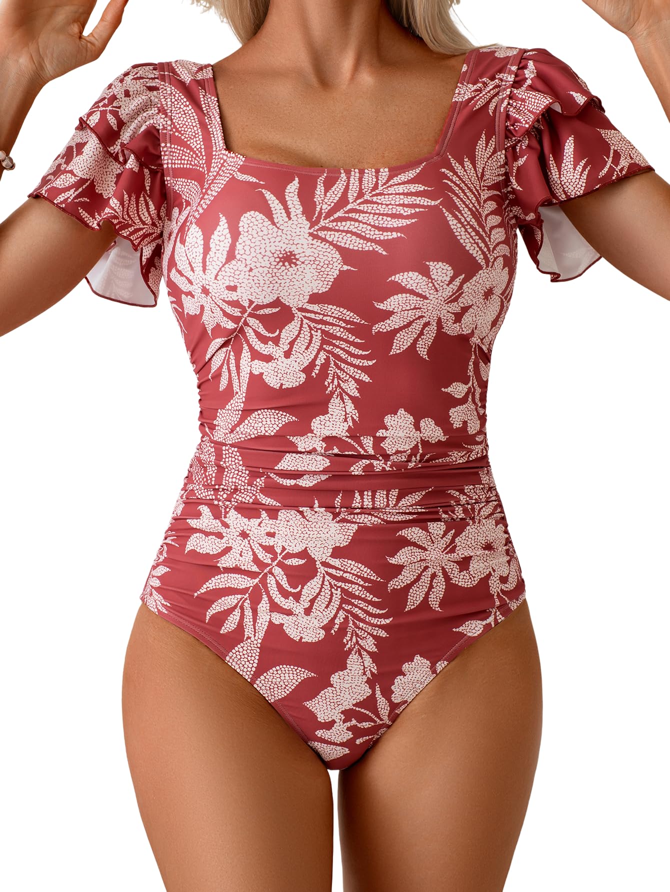 Eomenie Women's Ruffle Sleeve One Piece Swimsuit Tummy Control Bathing Suit | Square Neck, Ruched, Slimming, Modest, Cutout Back, Non-removable Padding