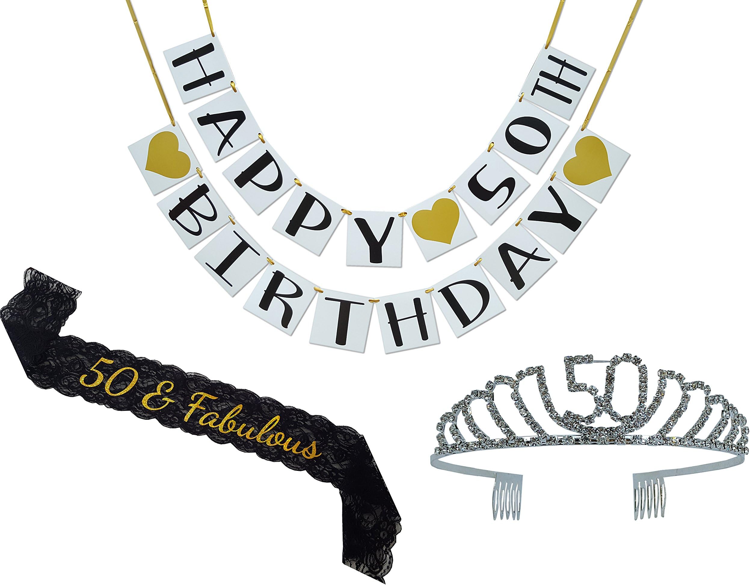 Birthday Party Supplies and Decorations - Sash, Tiara, and Banner All-in-One Pack (50th Birthday)