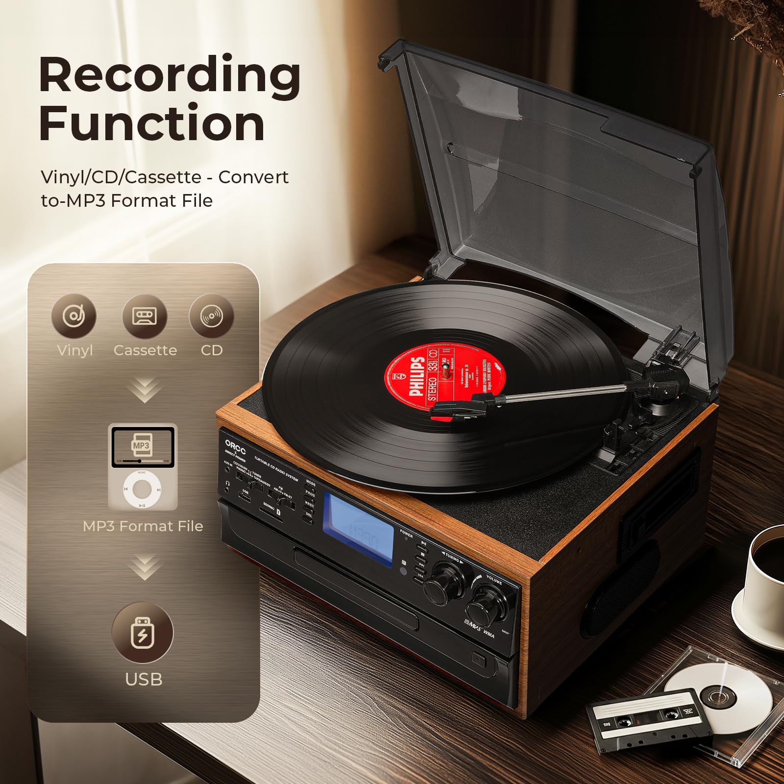 ORCC Giradischi 10 in 1, con carta regalo, giradischi in vinile per 33/45/78 giri/min, riproduzione e registrazione CD/USB/SD, Bluetooth e telecomando, radio FM/AM per gli amanti della musica, marrone
