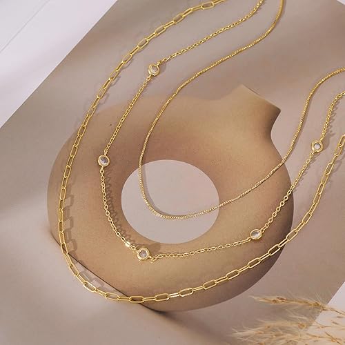 Miniatura 6 de Fwlisesa Collares en capas para mujer, conjunto de collares de oro delicado, collar de gargantilla chapado en oro de 14k, con circonita cúbica