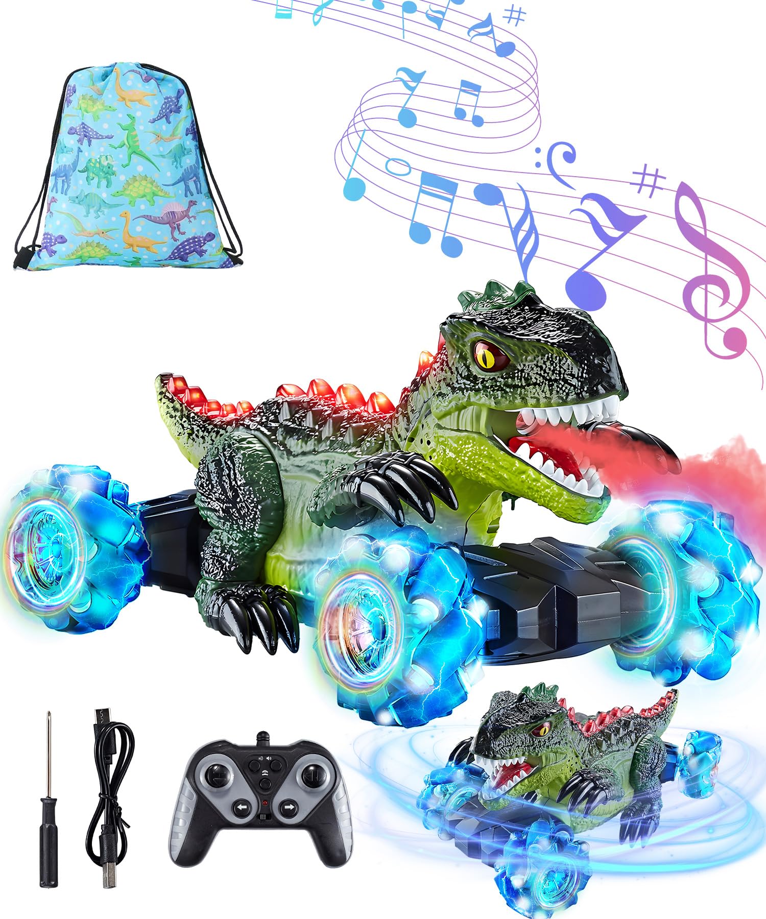 Dinosaur Remote Control Car RC Stunt with Spray & Lights & Music, 360°Rotating 4WD Stunt RC Toys for Kid, 2.4 GHz, Rechargeable, All Terrain Car Toys Presents for Boys Age 3-12 (With Storage Bag)