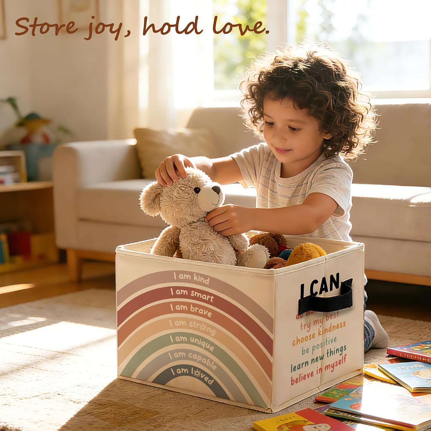 Boho Rainbow Motivational Storage Bins with Handles, Positive Affirmations Collapsible Storage Box Basket Books Clothes Organizer for Nursery Playroom Classroom