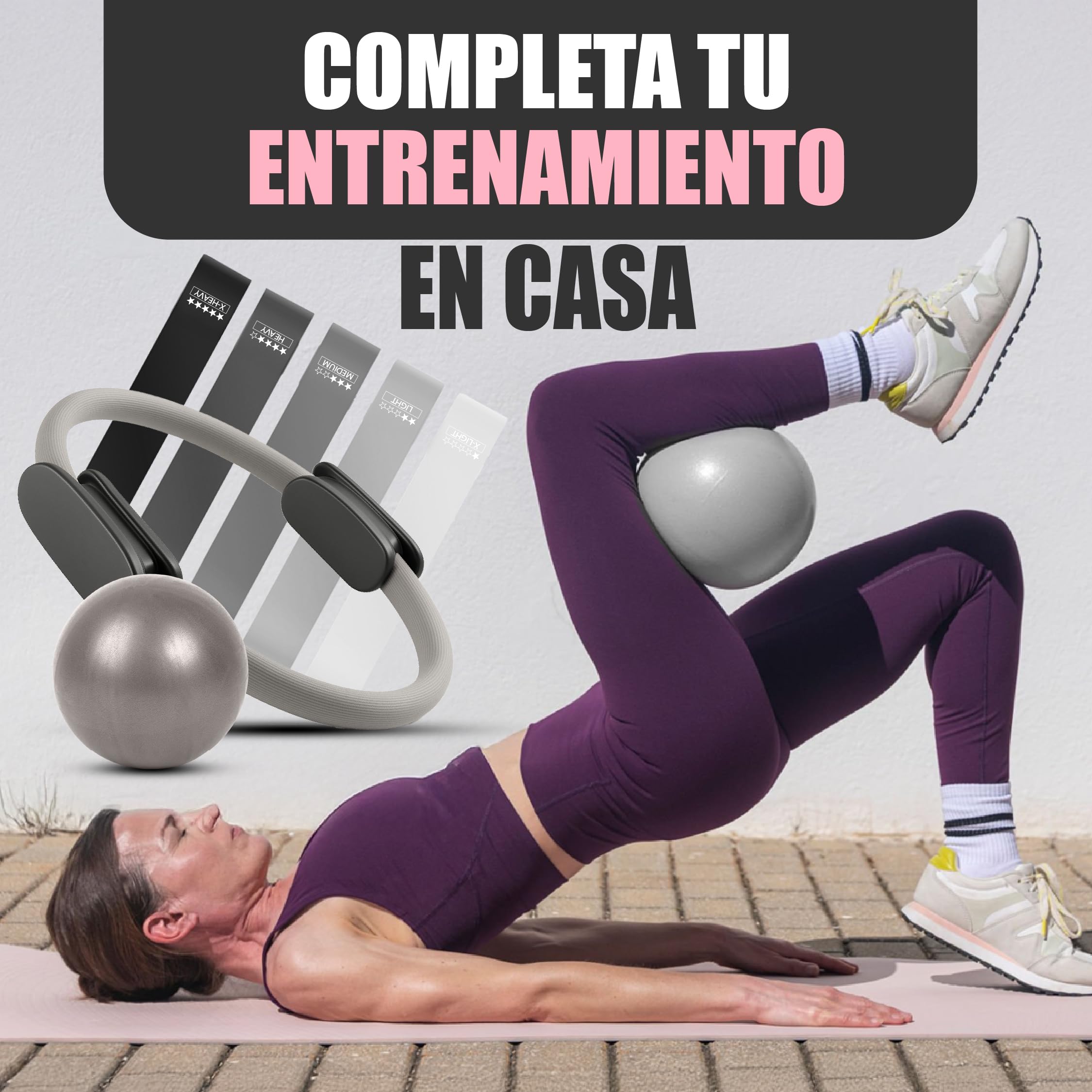Kit Pilates a Casa: con cerchio, palla e fasce elastiche - Set completo di esercizi per fitness, yoga e muscolo - Accessori Pilates multifunzione colore grigio premium