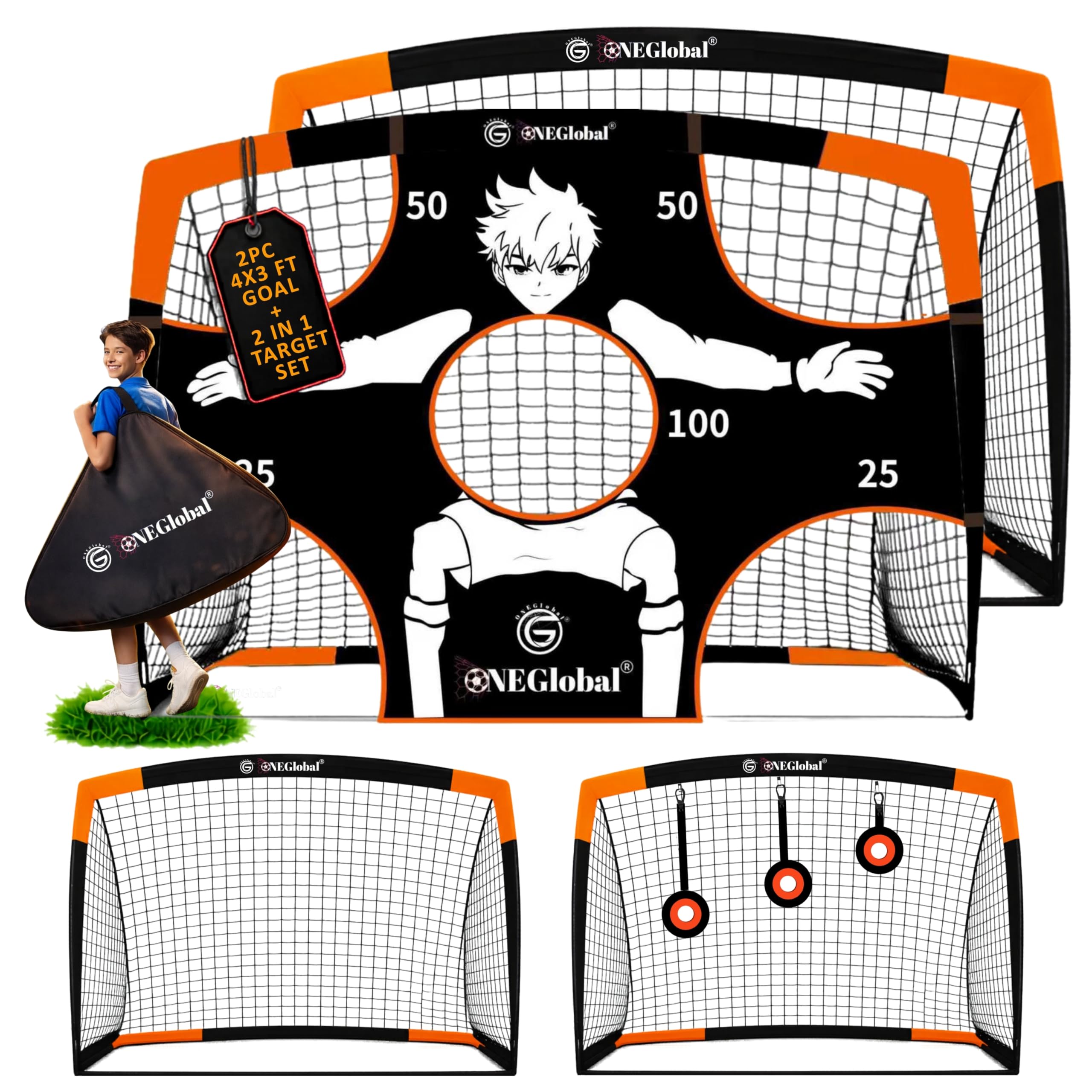 2Pack 4x3ft Popup Football Goals with Carry Case & 2in1 Targets | Portable Goal with Net for Garden | Durable Football Training Equipment & Football Gifts | Single or Pair with Optional Targets