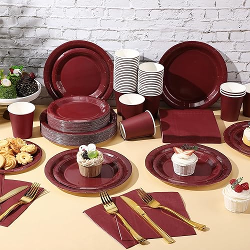 Vista 13 de Tioncy 200 platos de papel desechables, tazas y servilletas, suministros de fiesta, para 50 invitados, juego de vajilla de papel desechable