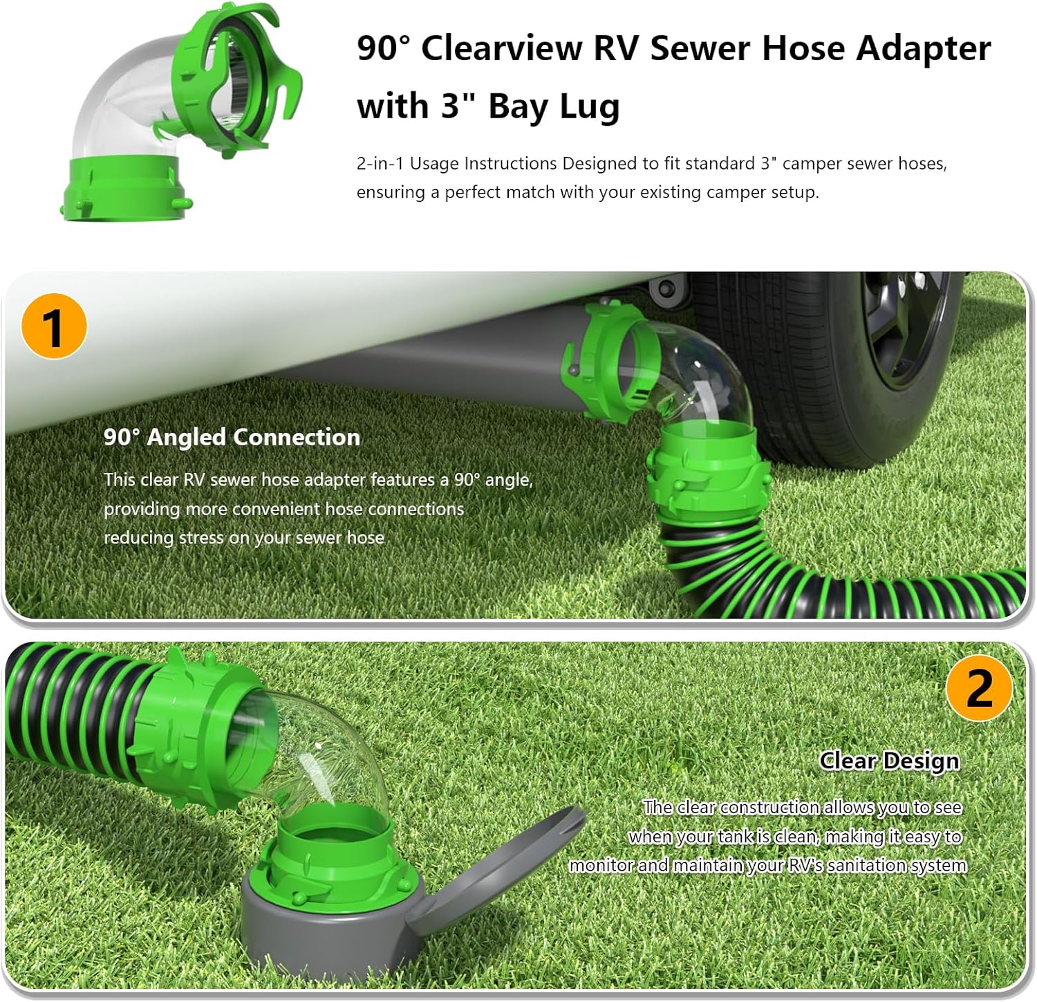 20 Ft RV Sewer Hose Kit with 6-in-1 Dump Station Adapter & 2 Storage Caps, Heavy-Duty Crush-Resistant Flexible TPE, Pre-Attached Swivel Bayonet Fittings for RV Black & Gray Tanks