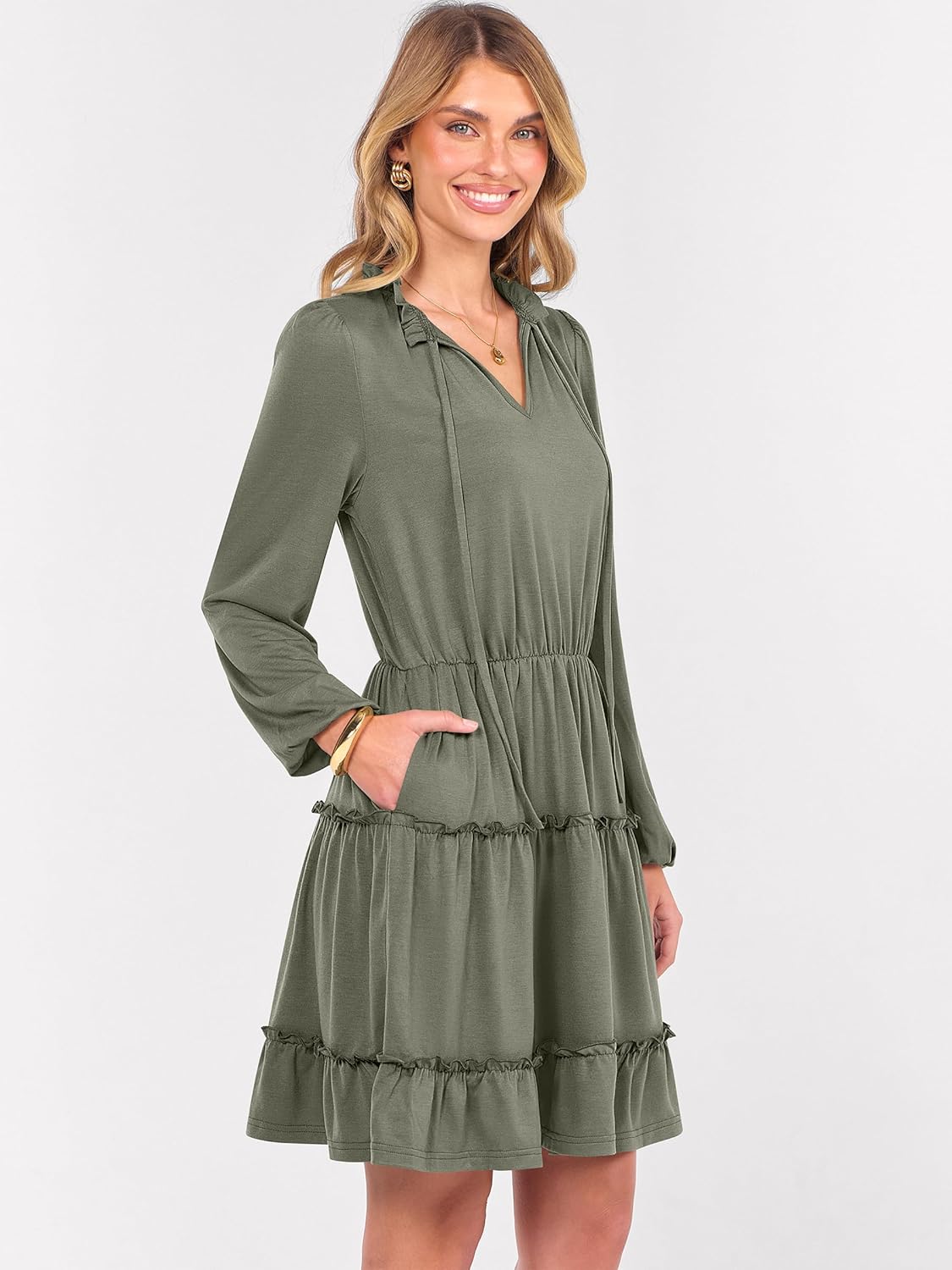 Caracilia Long Sleeve Dress for Women Fall 2025 Casual V Neck High Waist Tiered Ruffle Aline Swing Tunic Short Mini Dresses - Image 4