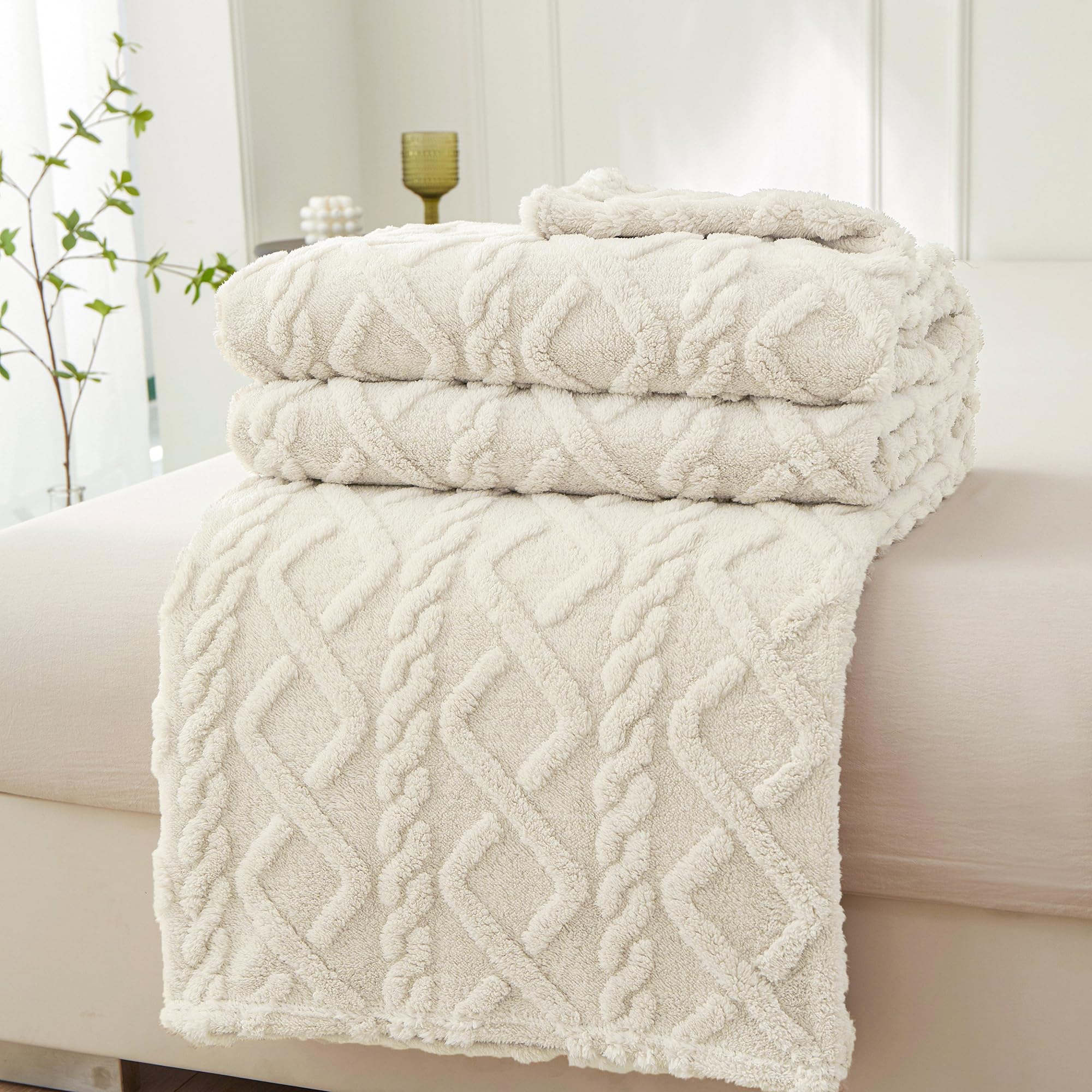 WONGS BEDDING Couverture douillette pour canapé, style bohème, 220 x 240 cm, en polaire, douce et chaude, pour lit, canapé, blanc crème