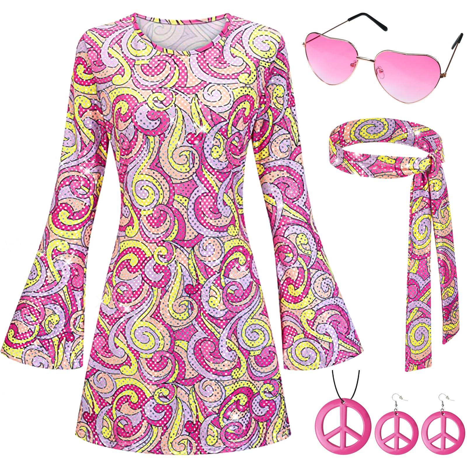 Ulikey 5 Piezas Disfraz Hippie Mujer Años 70, Hippie Costume Set, Vestido Hippie de Lentejuelas, Diadema, Collar, Pendientes, Gafas Vintage, Accesorios Hippie Disfraz de Carnaval Disco Mujer