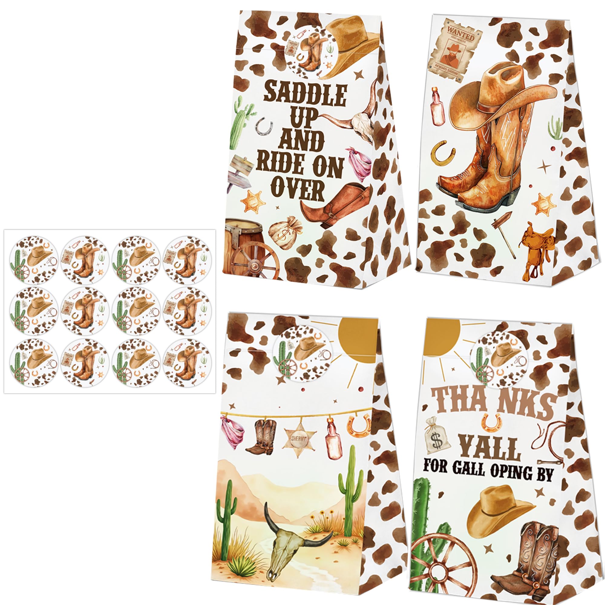 24 Pcs Western Cowboy Goodie Bags with Stickers,Western Cowboy Themed Birthday Favor Bags,Wild West Party Favor for Party Decoration Supplies