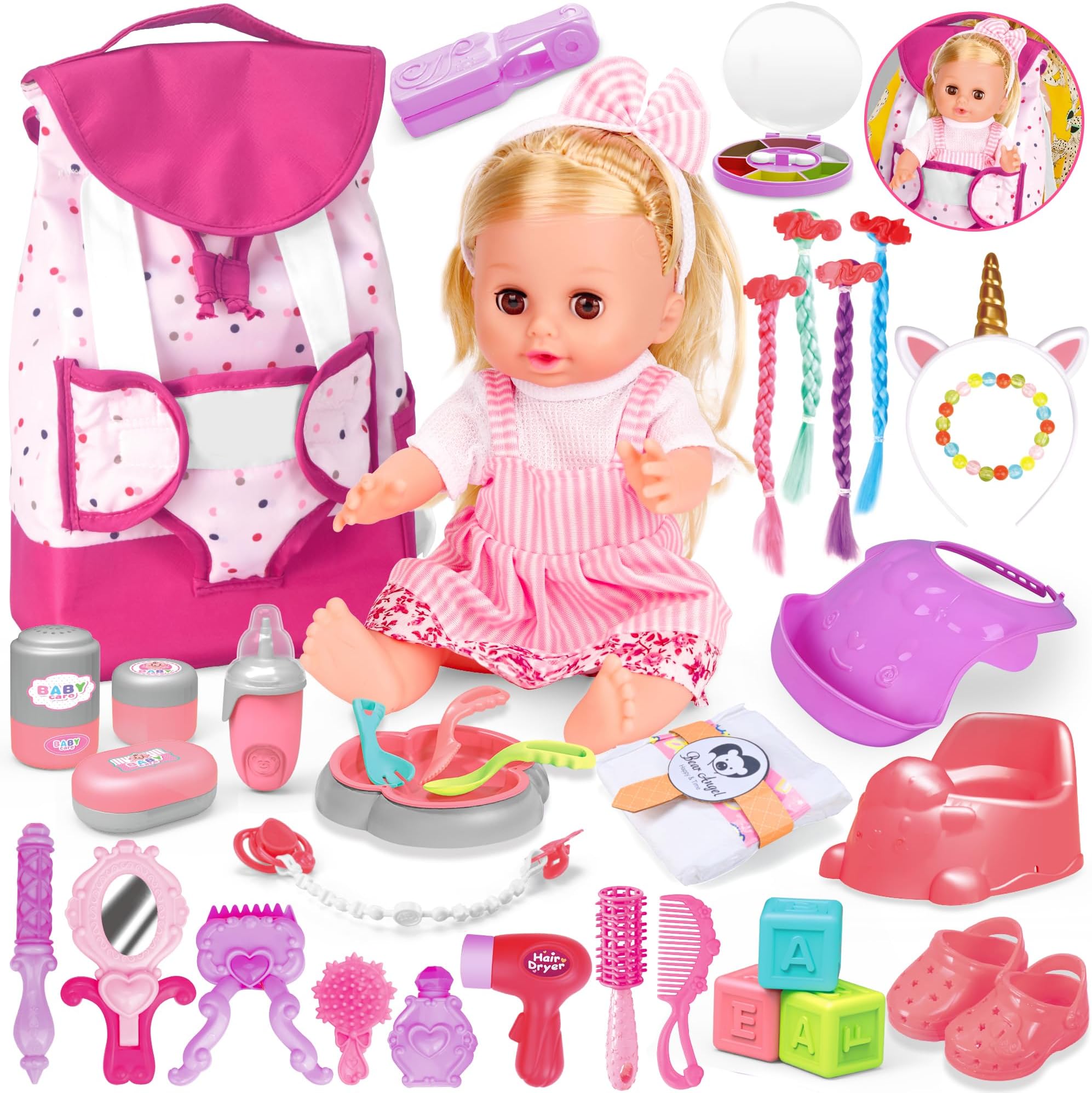 Baby Doll Care Toys Hair Salon, Toddler Doll Set for Girls 3-8 Pretend Play
