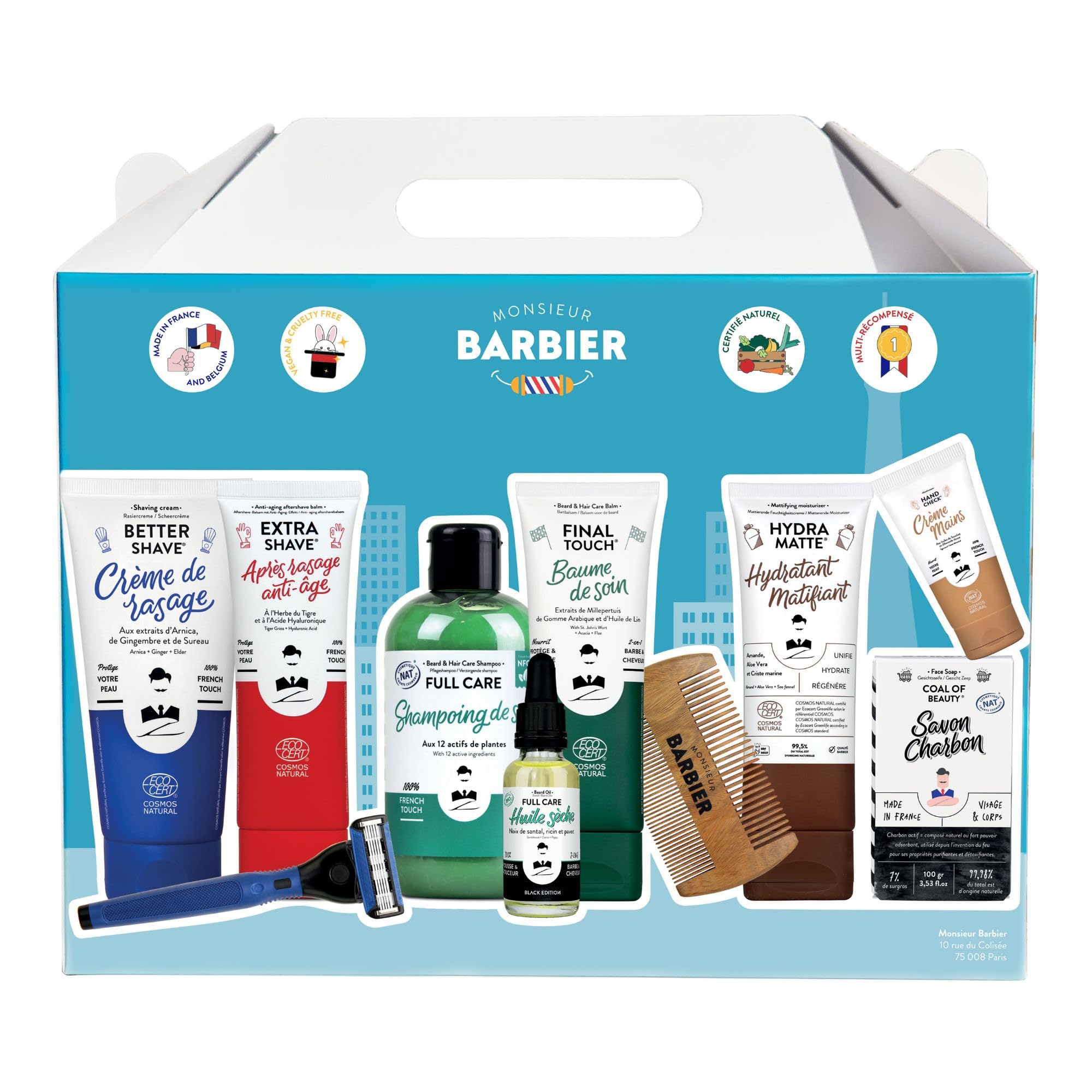Monsieur BARBIER Zestaw Barbershop 7w1 do Brody i Włosów | Golenie, stylizacja i pielęgnacja twarzy: krem, balsam, szampon, suchy olejek, grzebień. 100% naturalny, certyfikat COSMOS.