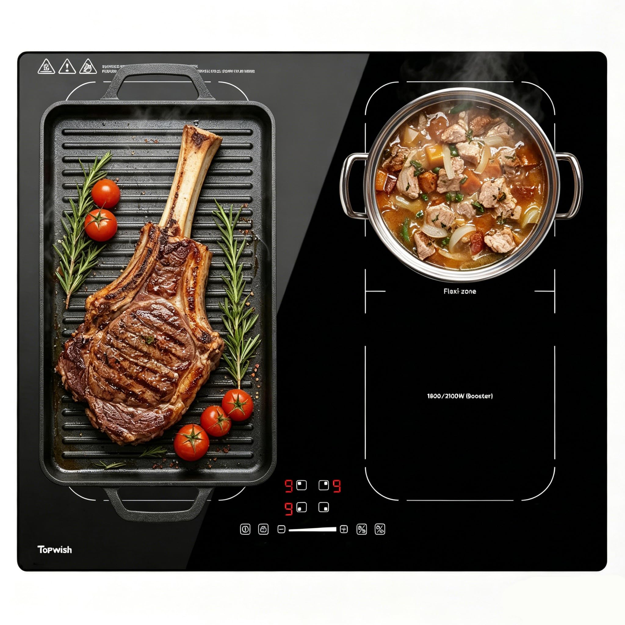 Topwish Induktionskochfeld 60cm, Induktionskochfeld 4 platte mit Zwei Flexzonen, Induktionskochplatte einbau mit Boost-Funktion, Timer, Kindersicherung, Überhitzungsschutz und Warmhalten,7200W