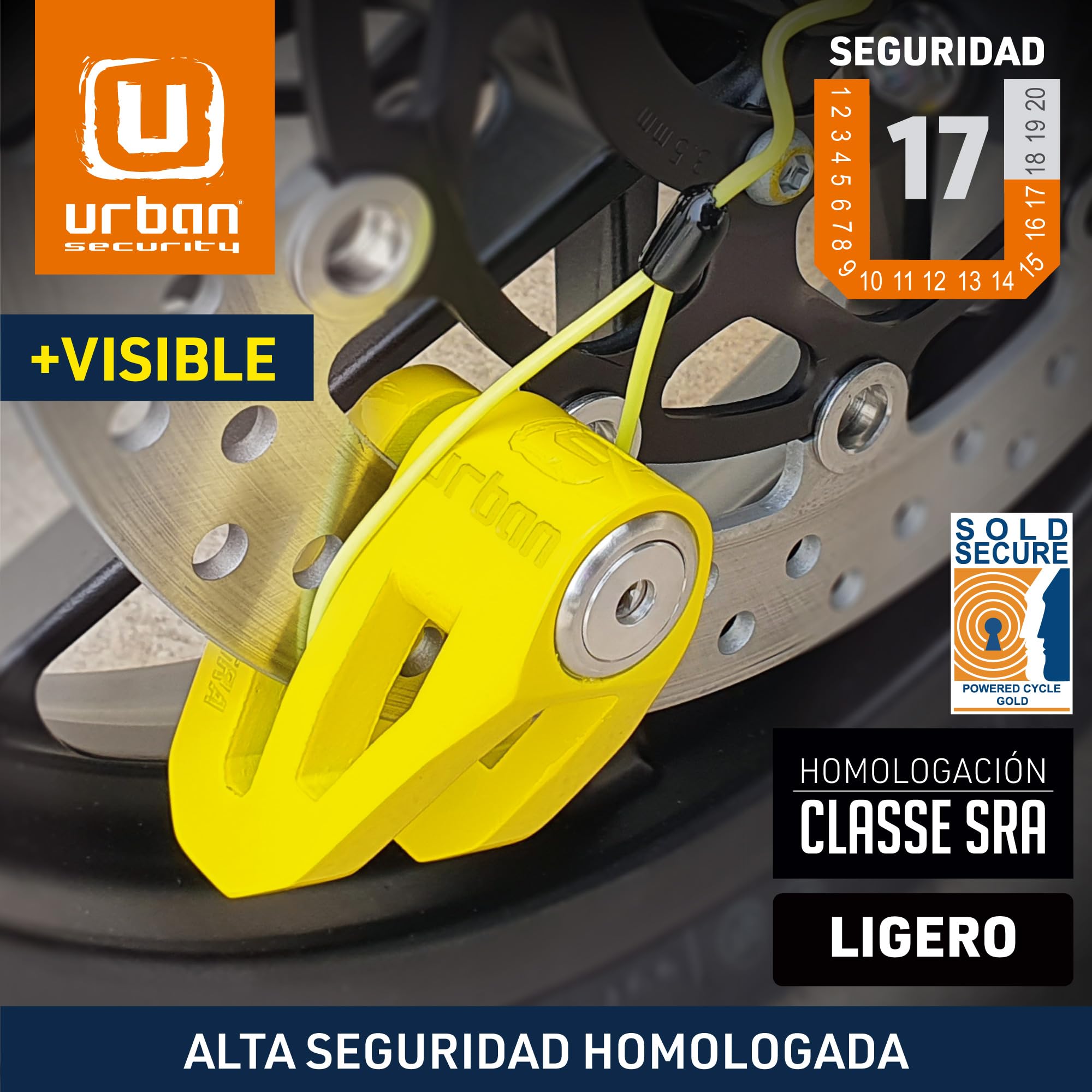 URBAN UR210Y Candado Moto Homologado SRA, Antirrobo Disco Máxima Seguridad, Testado Doble Bloqueo ø10mm, Cerradura Anti-Taladro, Arquitectura Ligera, Cepo Pinza Motos y Scooter, Acero Inox Amarillo