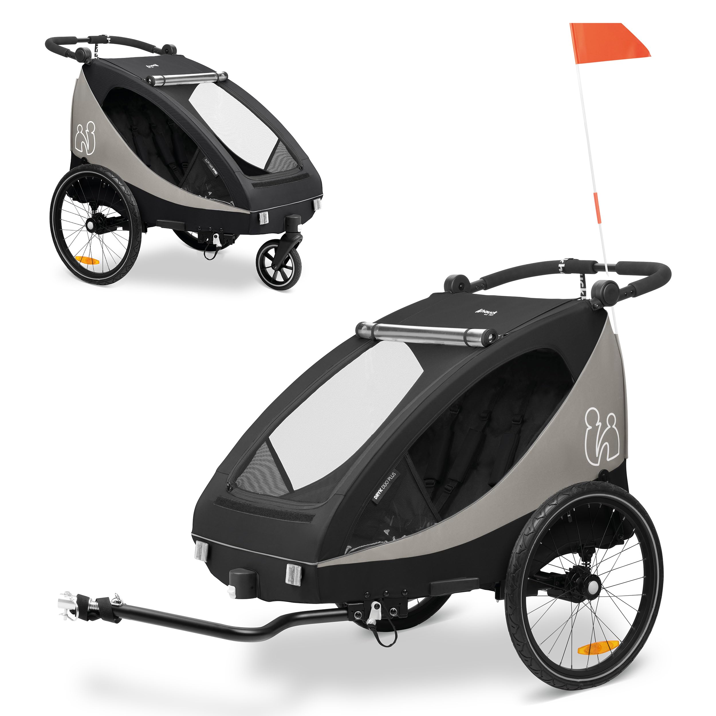 hauck Fahrradanhänger & Kinderwagen Set Dryk Duo Plus für 2 Kinder (6-48 Monate), inkl. Regenschutz, Sonnensegel, Deichsel, Buggyrad, Fahne und LED Licht - Black