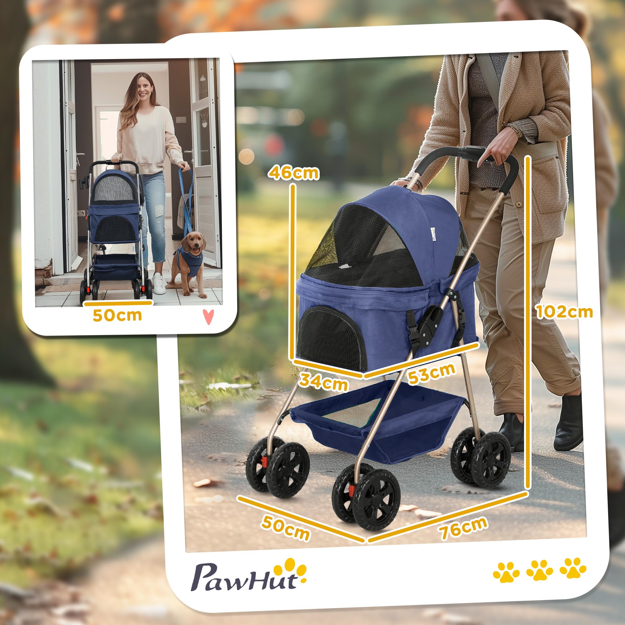 PawHut Carrito para Perros Plegable 3 en 1 Cochecito para Mascotas Carrito para Perros Miniatura con Cesta de Almacenaje Ventana de Malla Portavasos y 2 Ruedas Universales 76x50x102 cm Azul Oscuro