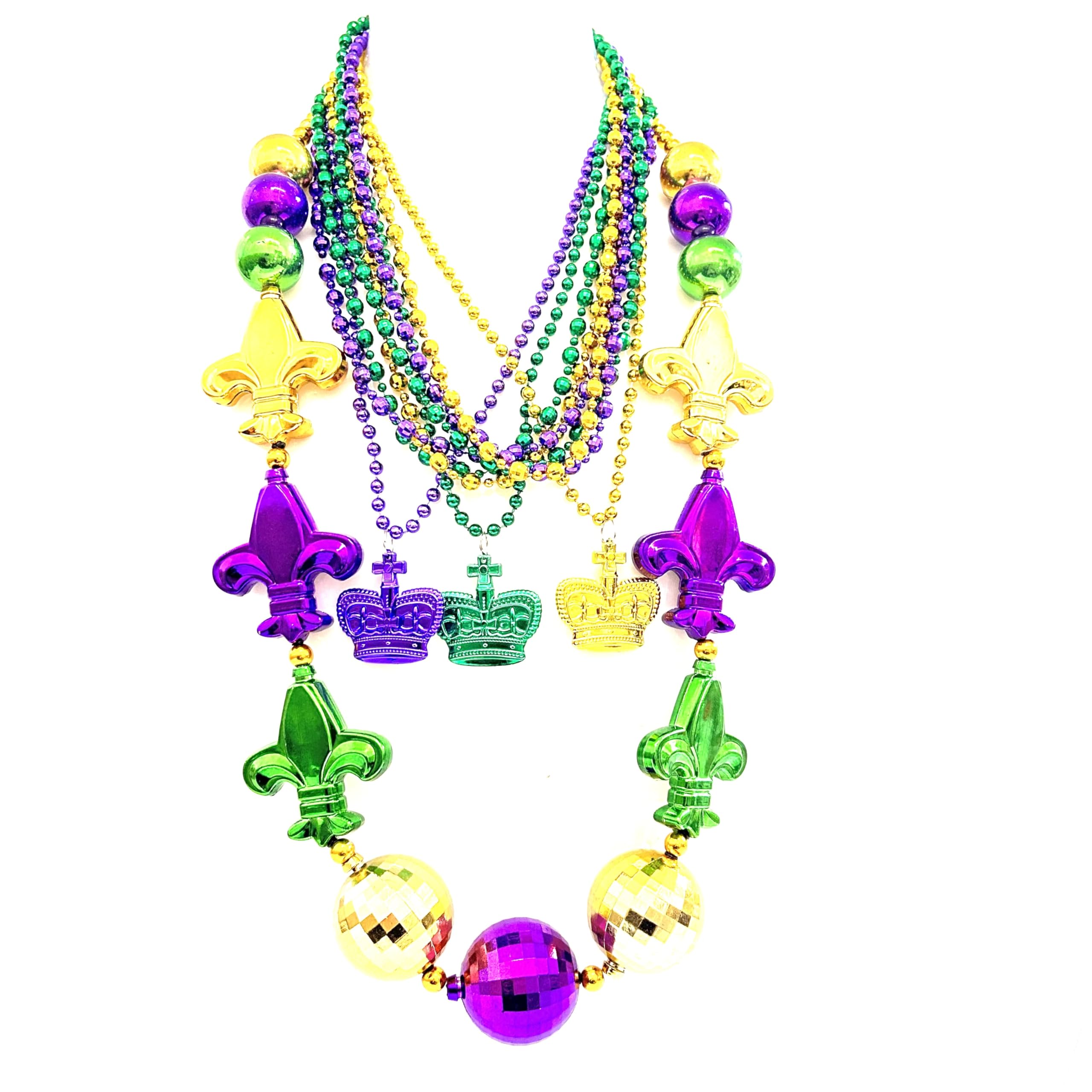 Perles Mardi Gras grands colliers tricolores vert violet doré de carnaval en lot de 10