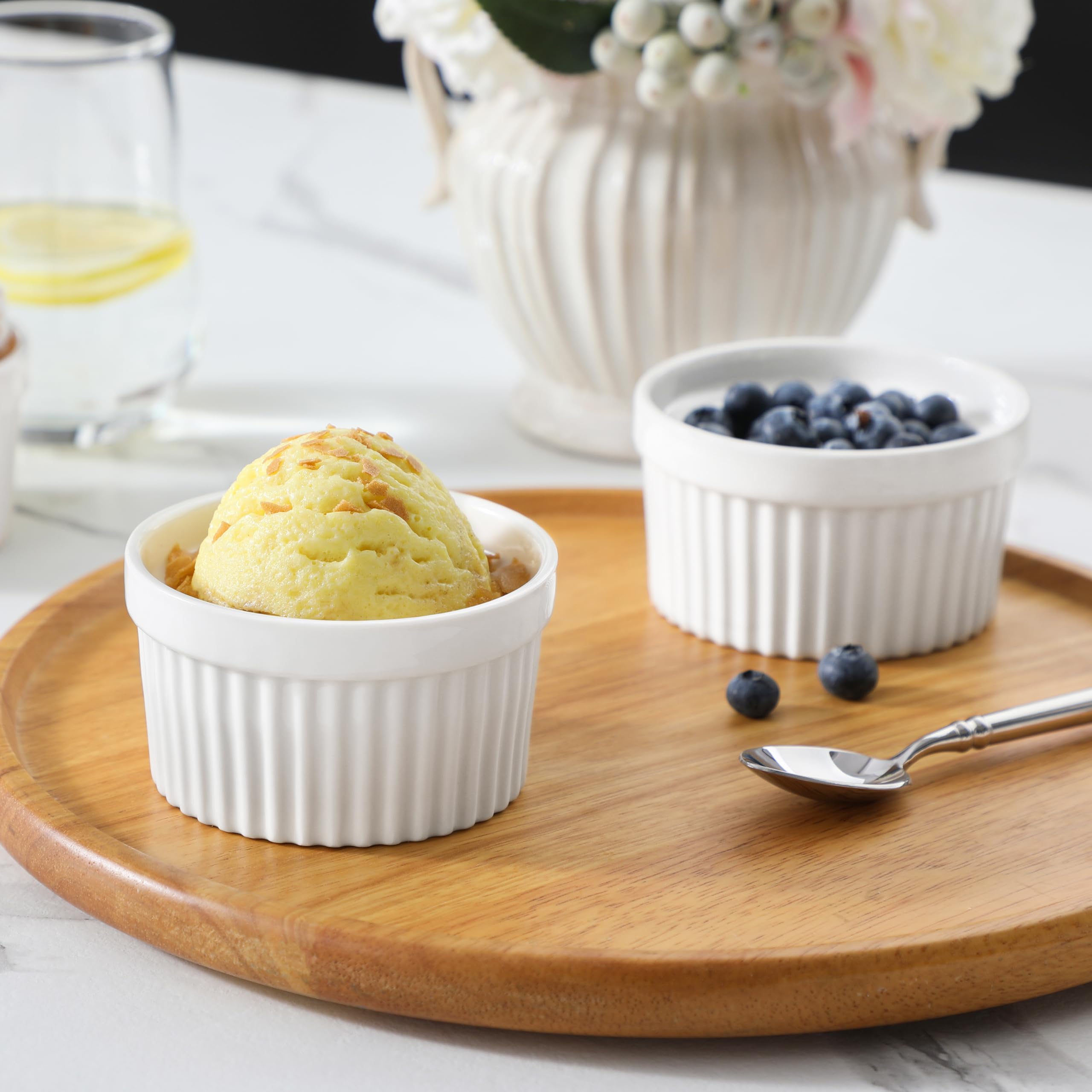 MALACASA Set di 6 Pirottini per Soufflé 180 ml, Ø 9,5 x 5,4 cm, Ciotoline e Stampini Rotondi da Forno in Porcellana per Dolci, Soufflé, Merenda e Snack, Bianchi, Adatti a Lavastoviglie e Microonde