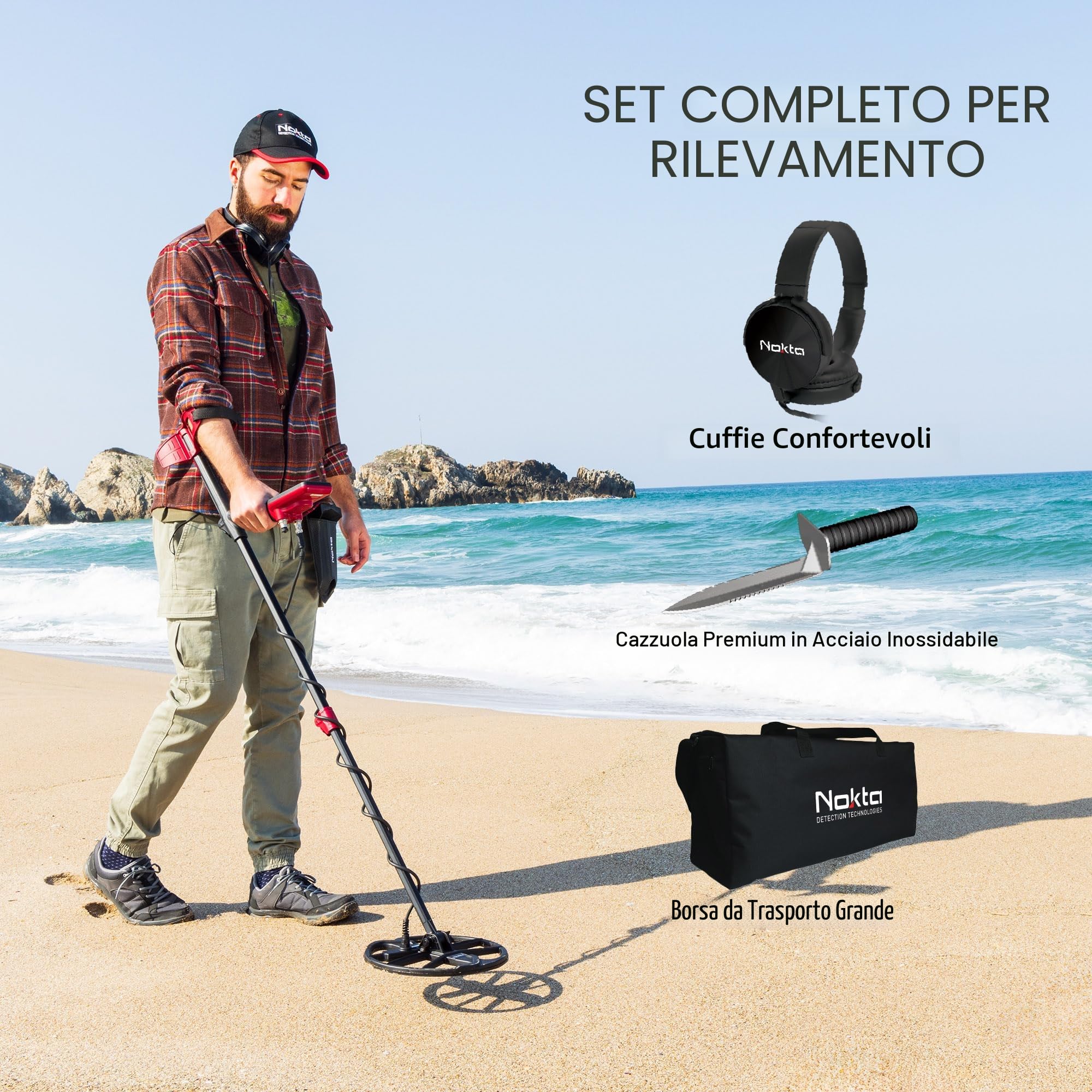 Nokta FINDX PRO Metal Detector, Metaldetector Subacqueo con Pinpoint e Batteria Ricaricabile per oro, Accessori professionali Cuffie, Scavatrice, Borsa per il trasporto, 4 Modes, 28cm Bobina