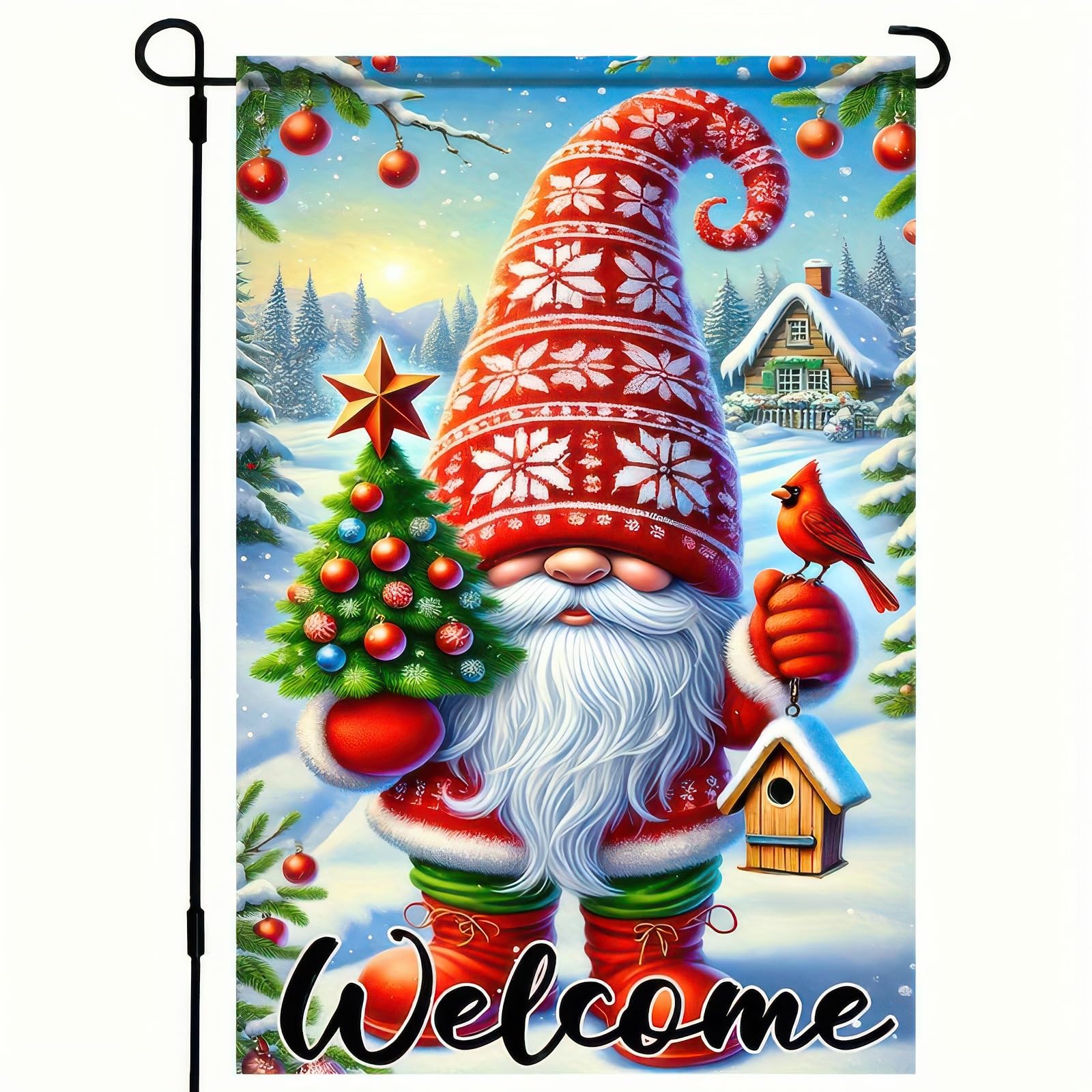 BlissYard Christmas Garden Flag - 12x18 Inch Double Sided Gnome Cardinals Winter Yard Flag for Xmas Seasonal Outdoor Decorative Use on Patio, Porch, Lawn or Garden