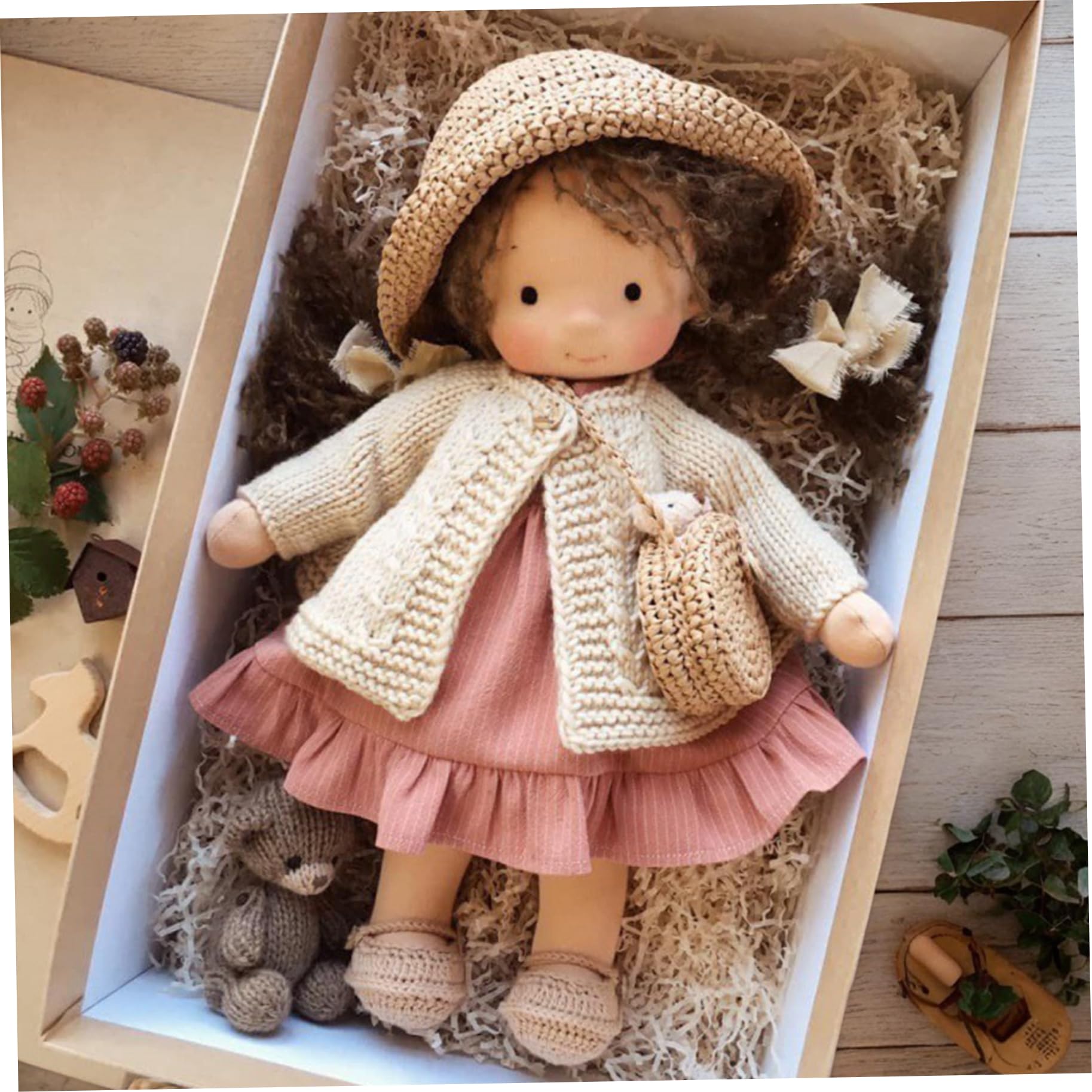 Poupée de chiffon avec boîte 11x2x5 Ragdoll avec chapeau, sac, chaussures et plus de décoration Jouets poupée en peluche mignons pour bébés et tout-petits Idéal anniversaire Noël, poupées migno