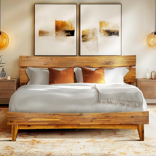 Acacia Aurora Wooden Bed with Headboard, King Size Bed Frame, 800lbs Capacity Wood Bed Compatible with All Mattress Type