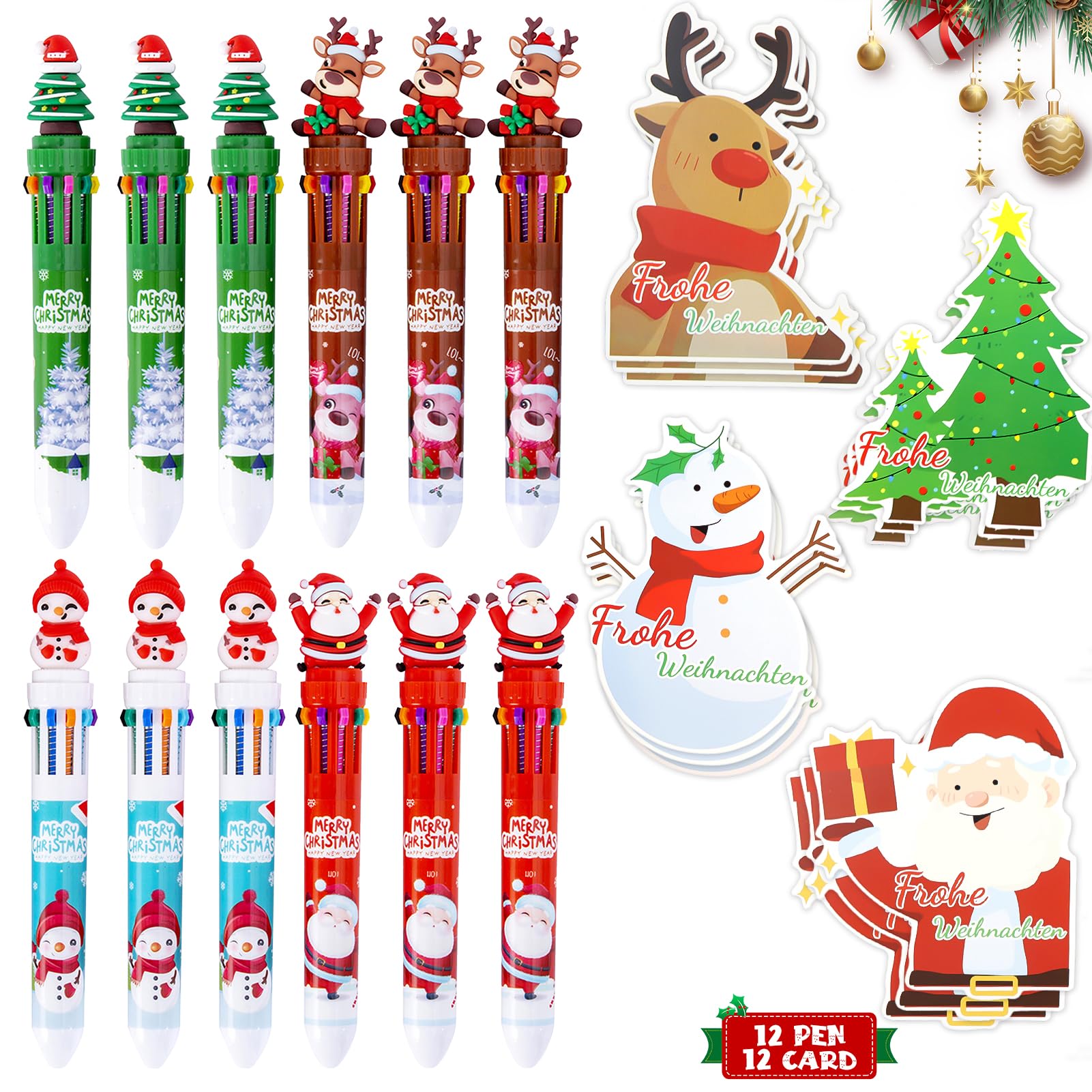 24-tlg. Weihnachts-Kugelschreiber Set - 10-in-1 Multicolor Stifte Mit Karten