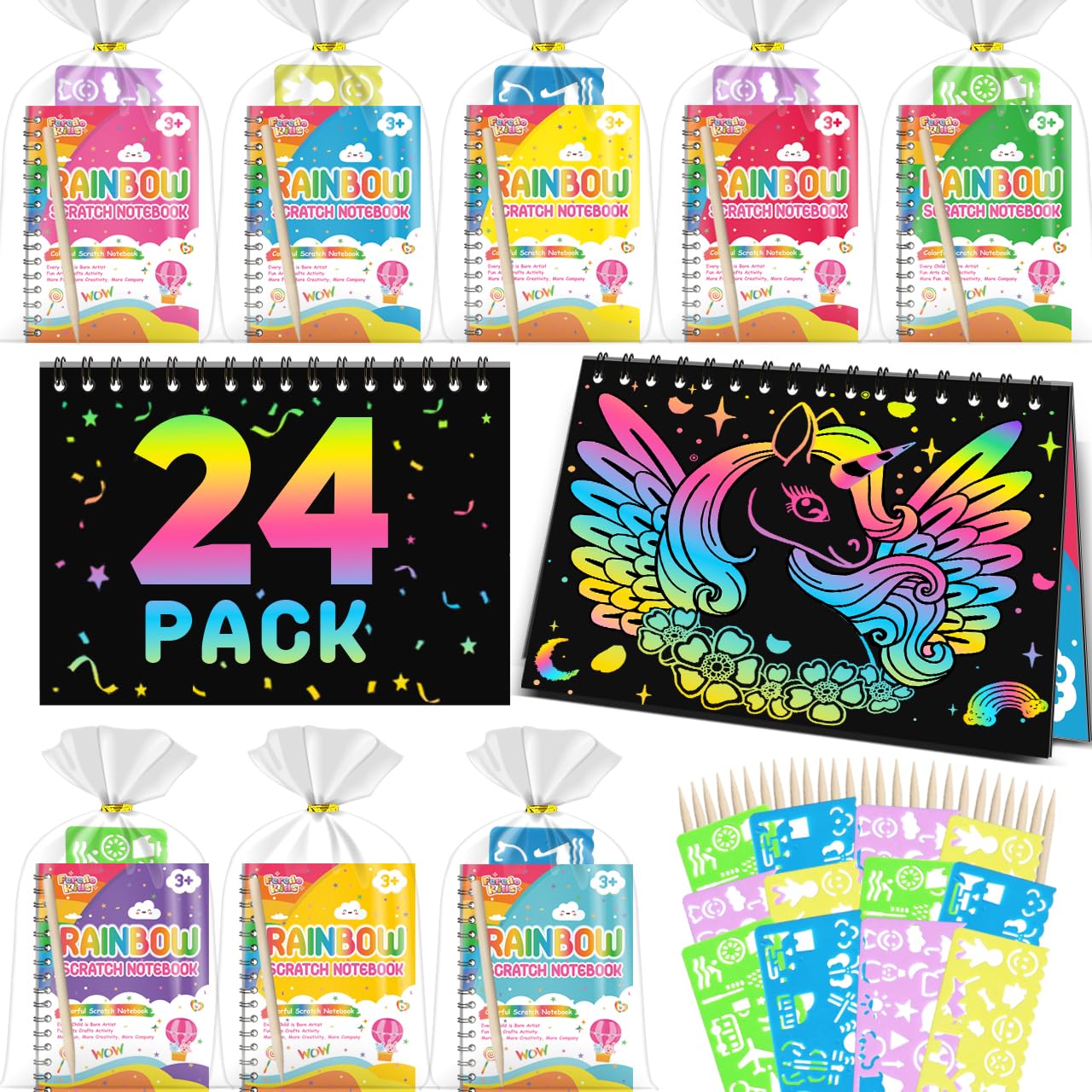 Kids Scratch Art Party Favors Gifts: 24 Pack Rainbow Scratch Notebook Paper Birthday Party Favor Toy Girls Boys Art Craft Kit Summer Classroom Goodie