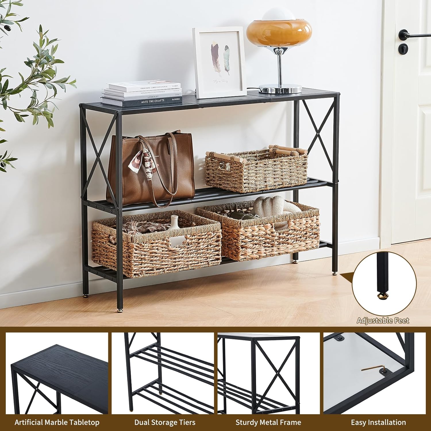 Wimarsbon Console Table,Multifunctional Sofa Side Table with Shelves,Behind Couch TV Tables with Metal Frame,Accent Display Stand for Hallway,Entrance (41.9" 3-Layer Black Frame)