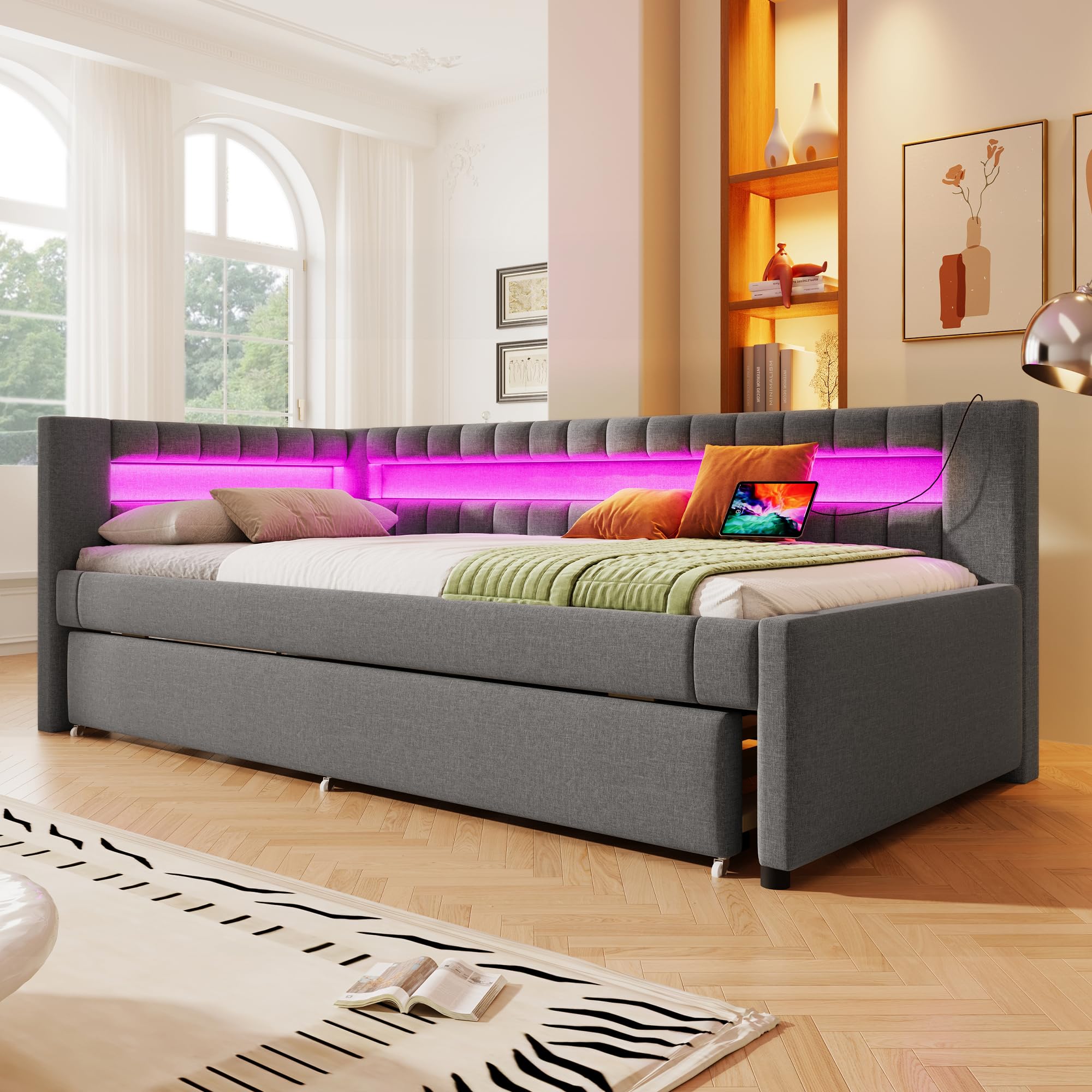 Soweiz Sofá cama, cama tapizada, cama con barra de luz LED con control remoto en el pie de la cama, cama con cama desplegable sin colchón, USB + Type-C, lino (Gris, 90x200cm)