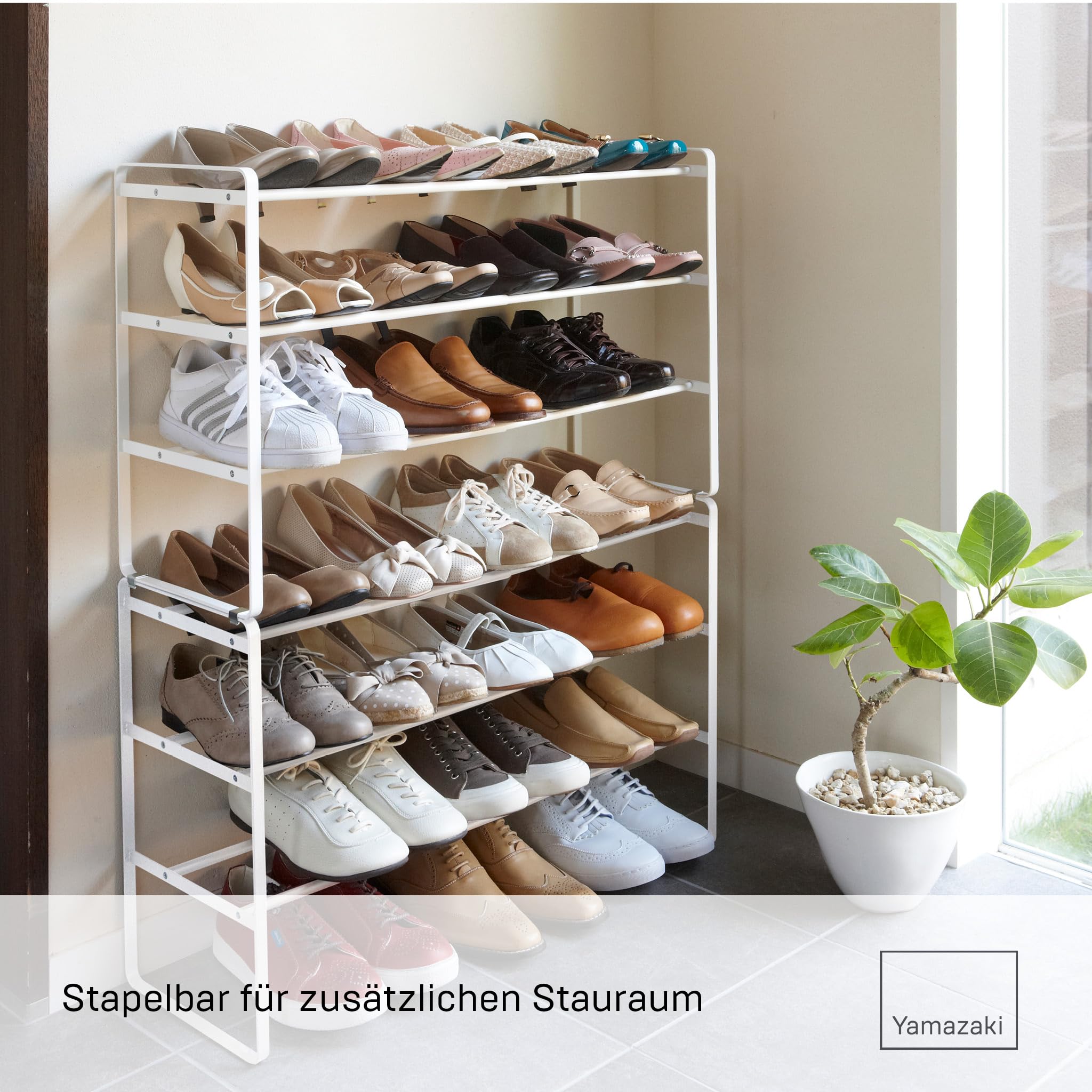Yamazaki 7555 FRAME 3-stöckiges ausziehbares Schuhregal, White, Stahl, Minimalistisch, 41～70 x 25 x 46 cm