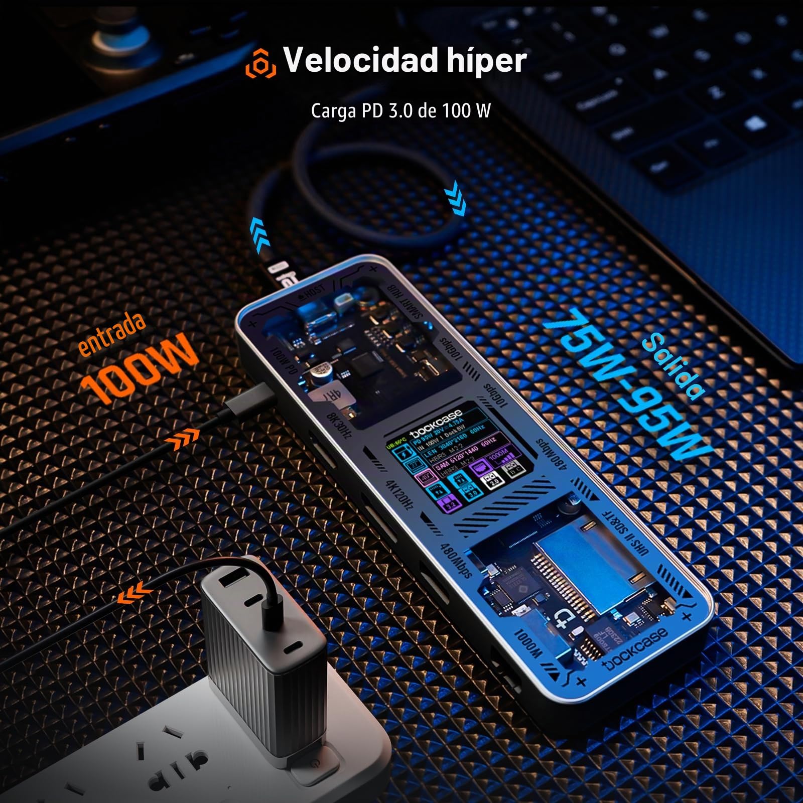 DOCKCASE Explorer Edition - Hub USB C (10 en 1) con 4K a 60Hz DP y HDMI, Gigabit Ethernet, 1 puertos USB-C y 3 USB-A, entrega de energía de 100 W, ranura para tarjeta UHS-II TF/SD para MacBook Air/Pro