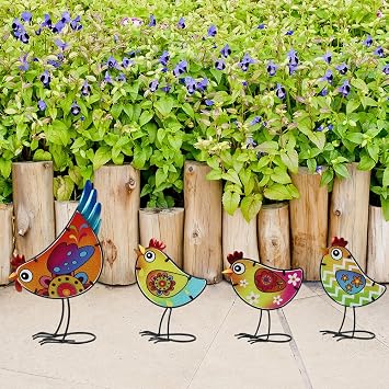 4 Pack Chicken Garden Decor for Outside, Rooster Glass & Metal Yard Art Decoration for Porch Patio, Bird Garden Statues Gifts for Grandma Mom Women Colorful