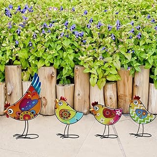 4 Pack Chicken Garden Decor for Outside, Rooster Glass & Metal Yard Art Decoration for Porch Patio, Bird Garden Statues Gifts for Grandma Mom Women (Colorful)