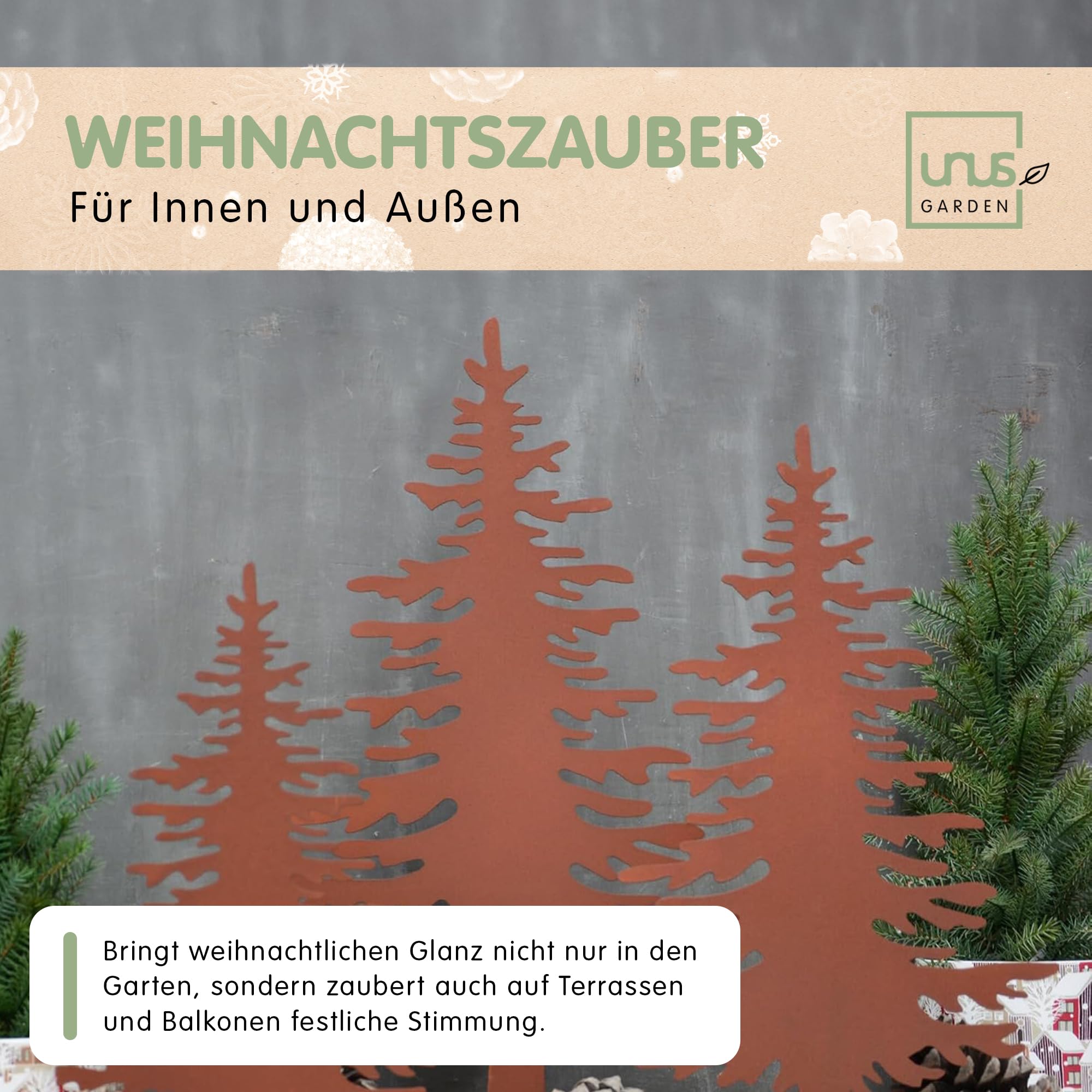UNUS - Set di 3 decorazioni in metallo a forma di albero di Natale arrugginito, per interni ed esterni, dimensioni: piccolo, medio e grande