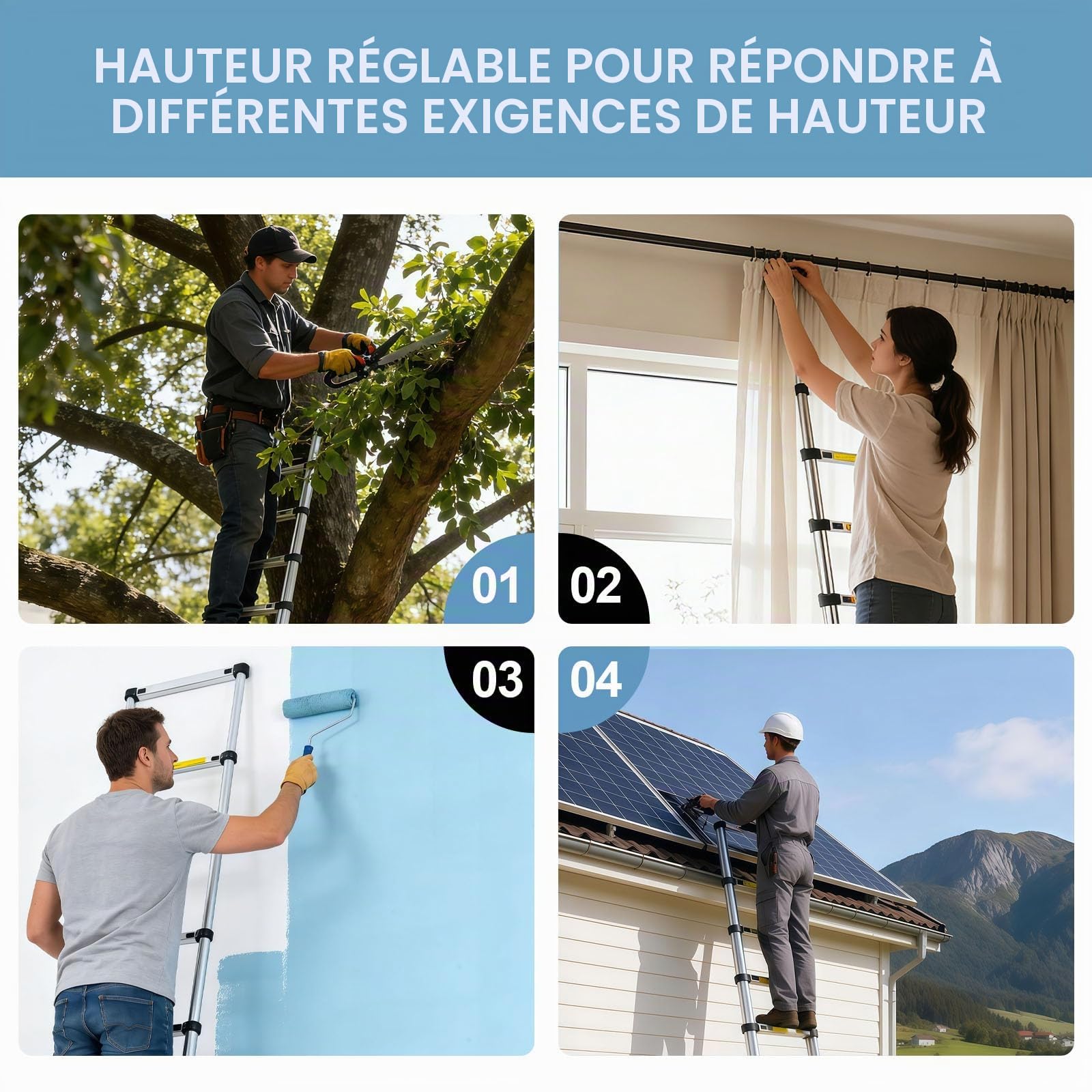 Échelle télescopique en acier inoxydable de 3,2 m - Légère et polyvalente - Pour un usage domestique - Portable et facile à ranger - Convient pour les travaux de toiture et une utilisation en